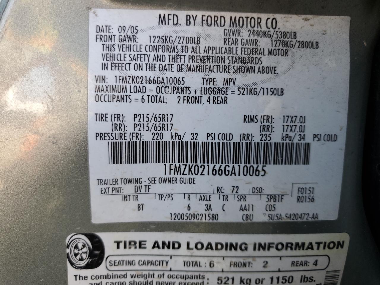 2006 Ford Freestyle Sel Teal vin: 1FMZK02166GA10065