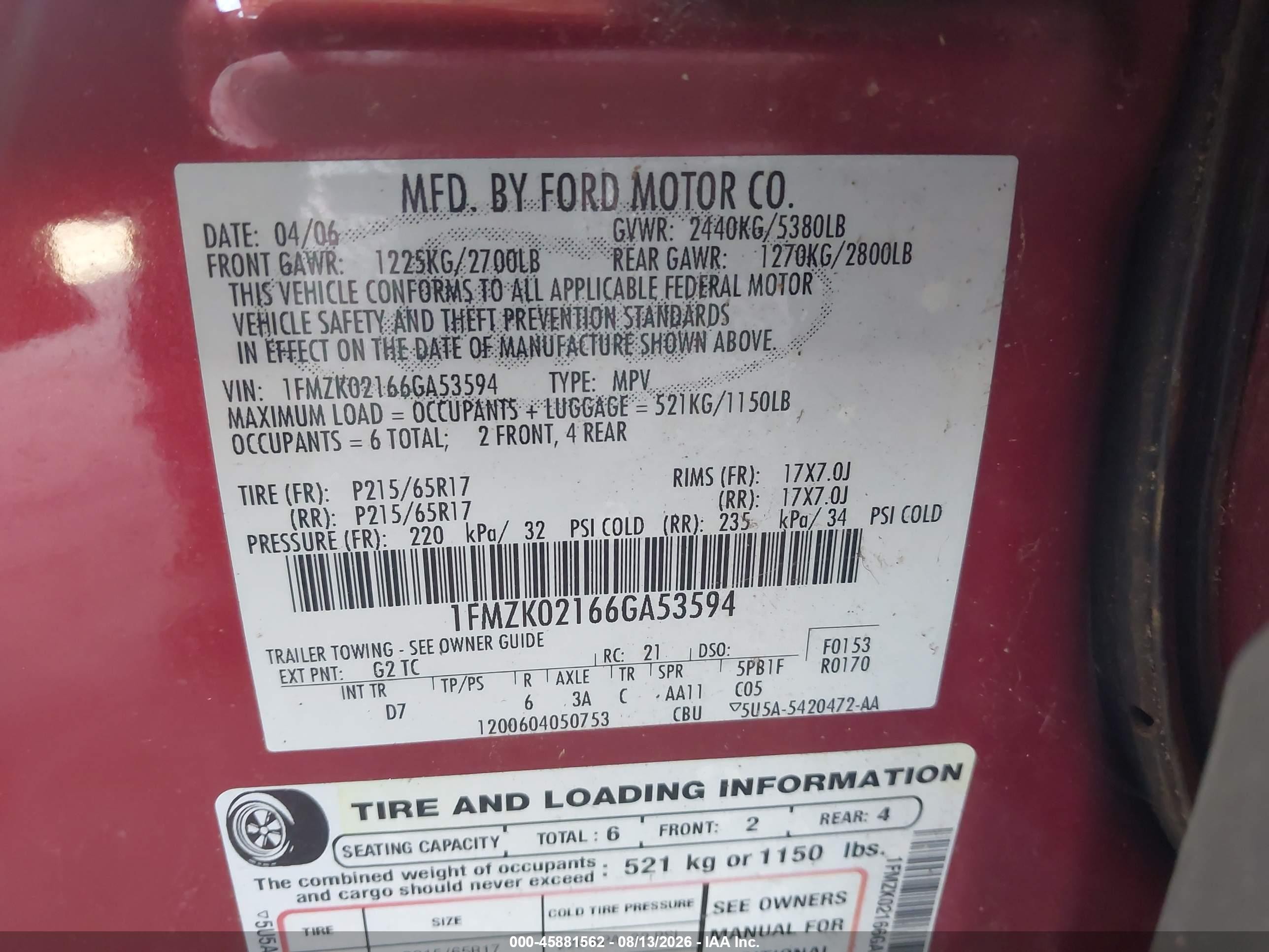 2006 Ford Freestyle Sel Красный vin: 1FMZK02166GA53594