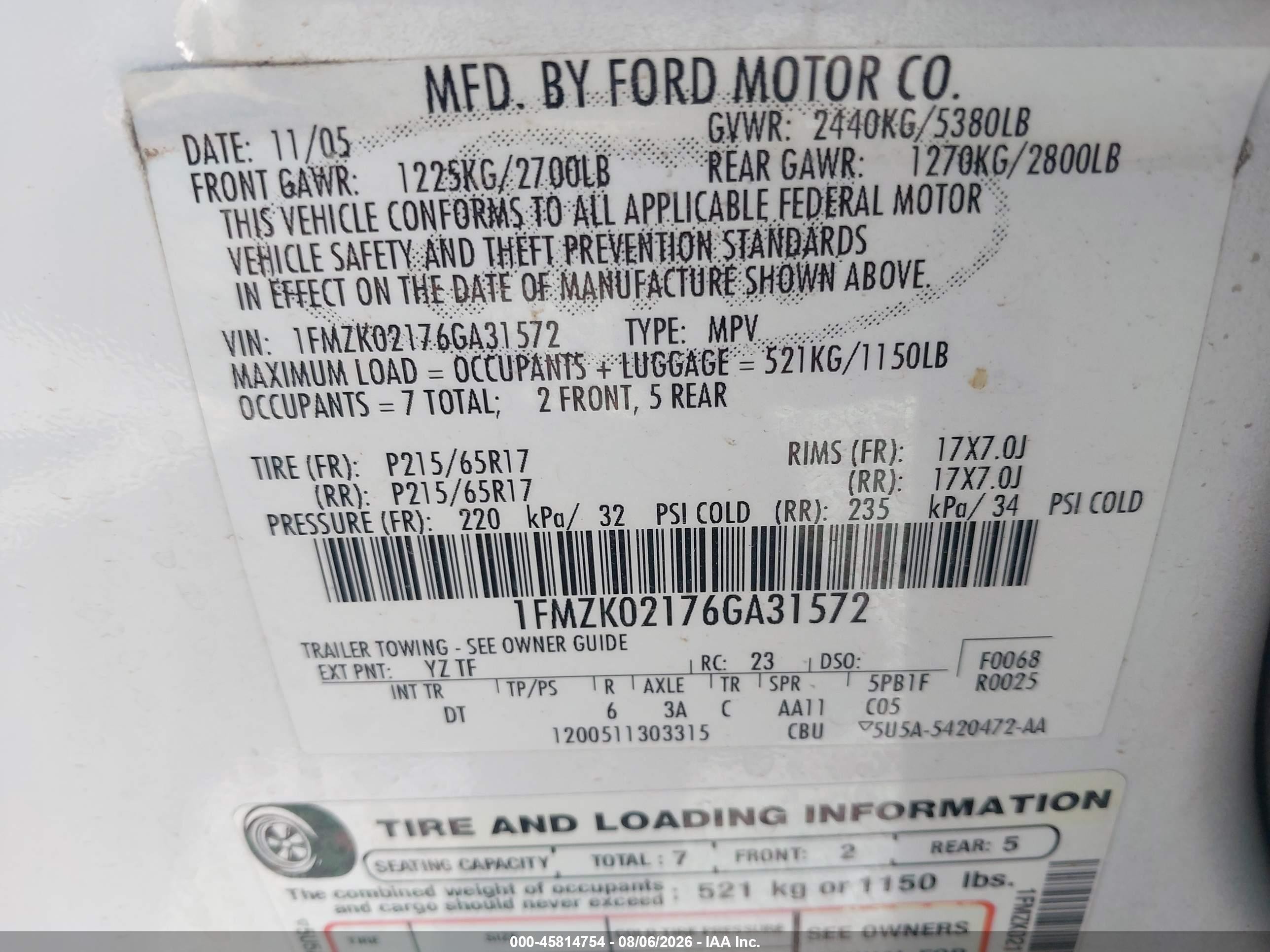 2006 Ford Freestyle Sel White vin: 1FMZK02176GA31572