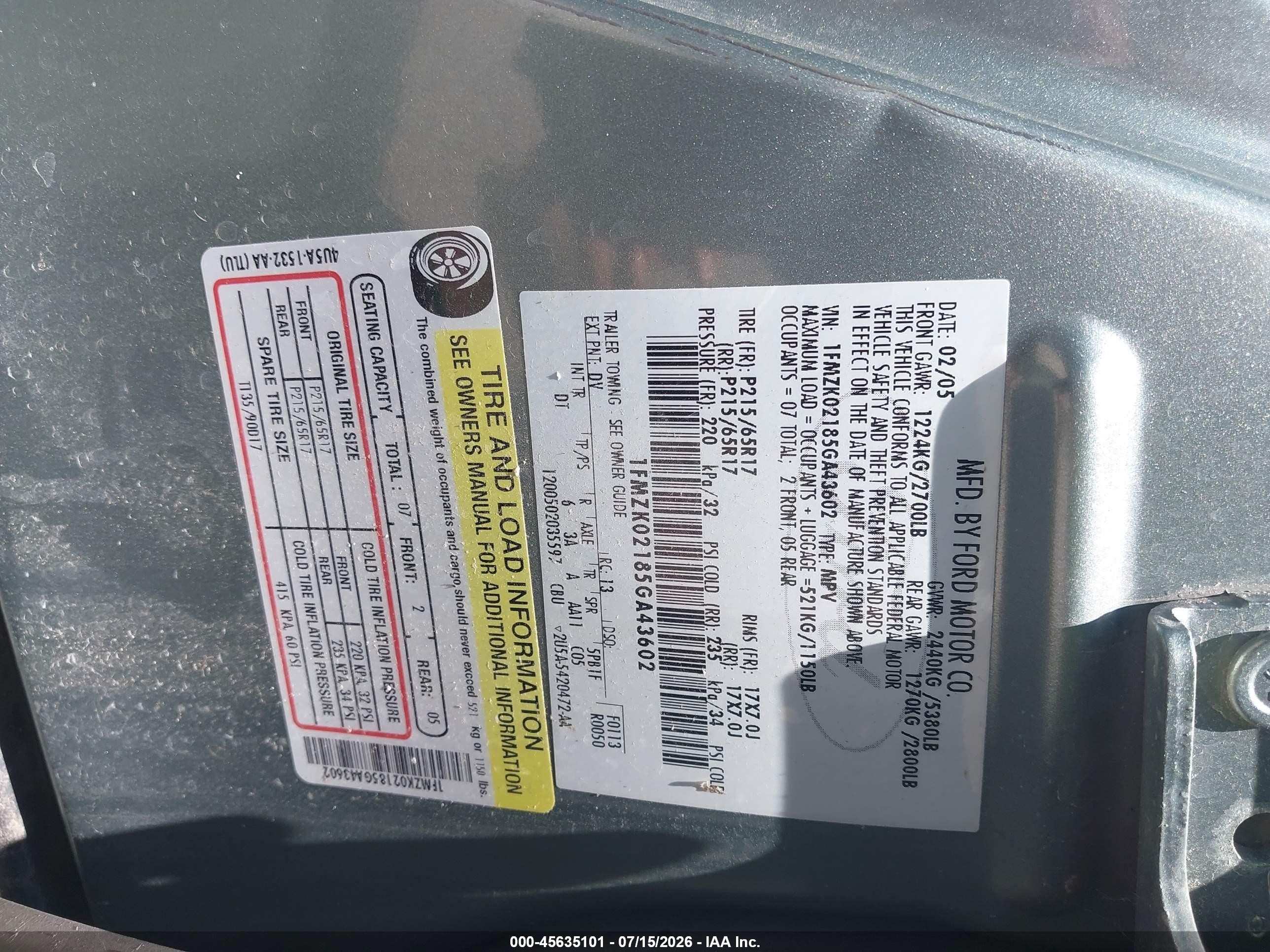 2005 Ford Freestyle Sel Teal vin: 1FMZK02185GA43602