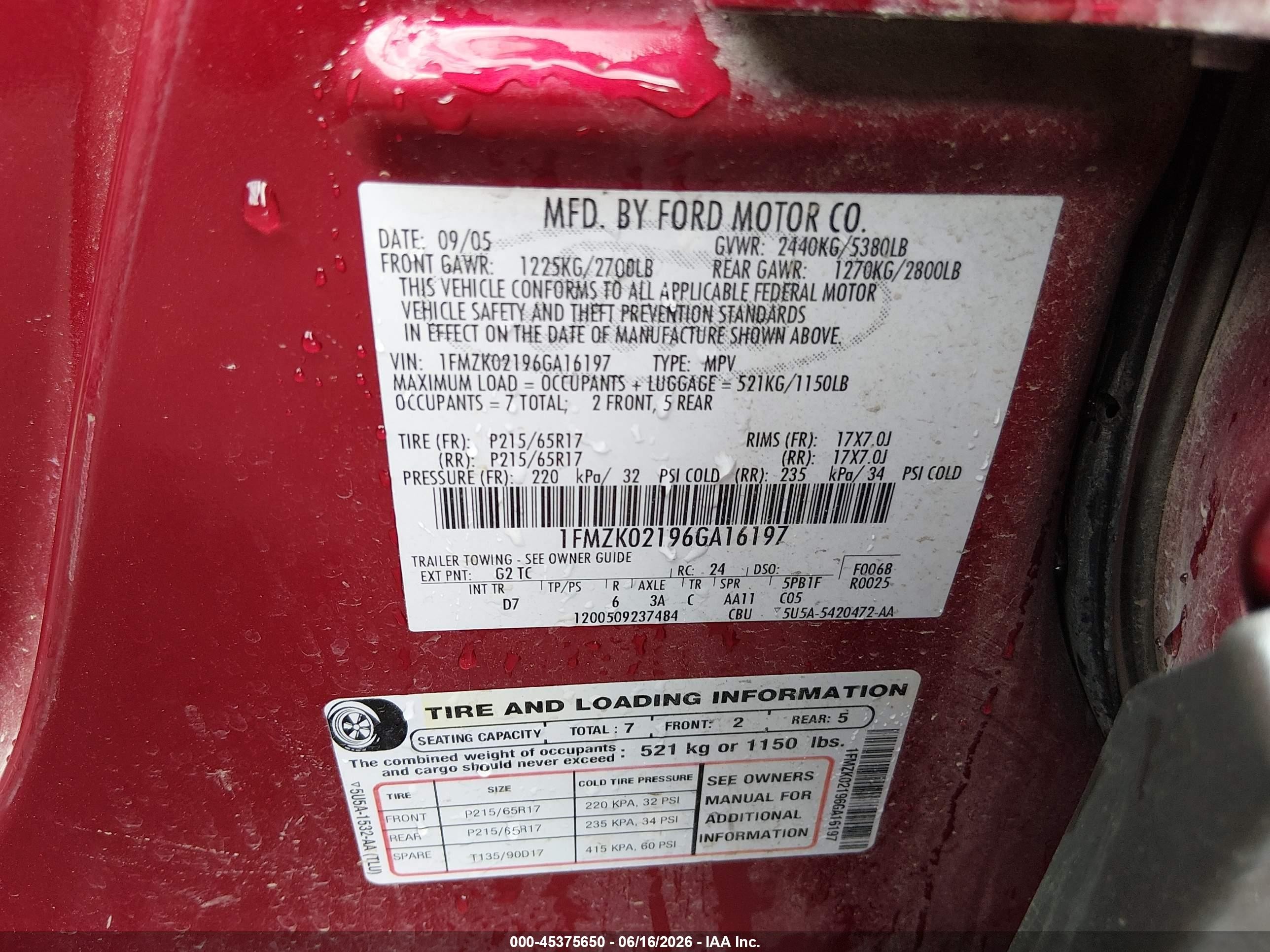 2006 Ford Freestyle Sel Red vin: 1FMZK02196GA16197