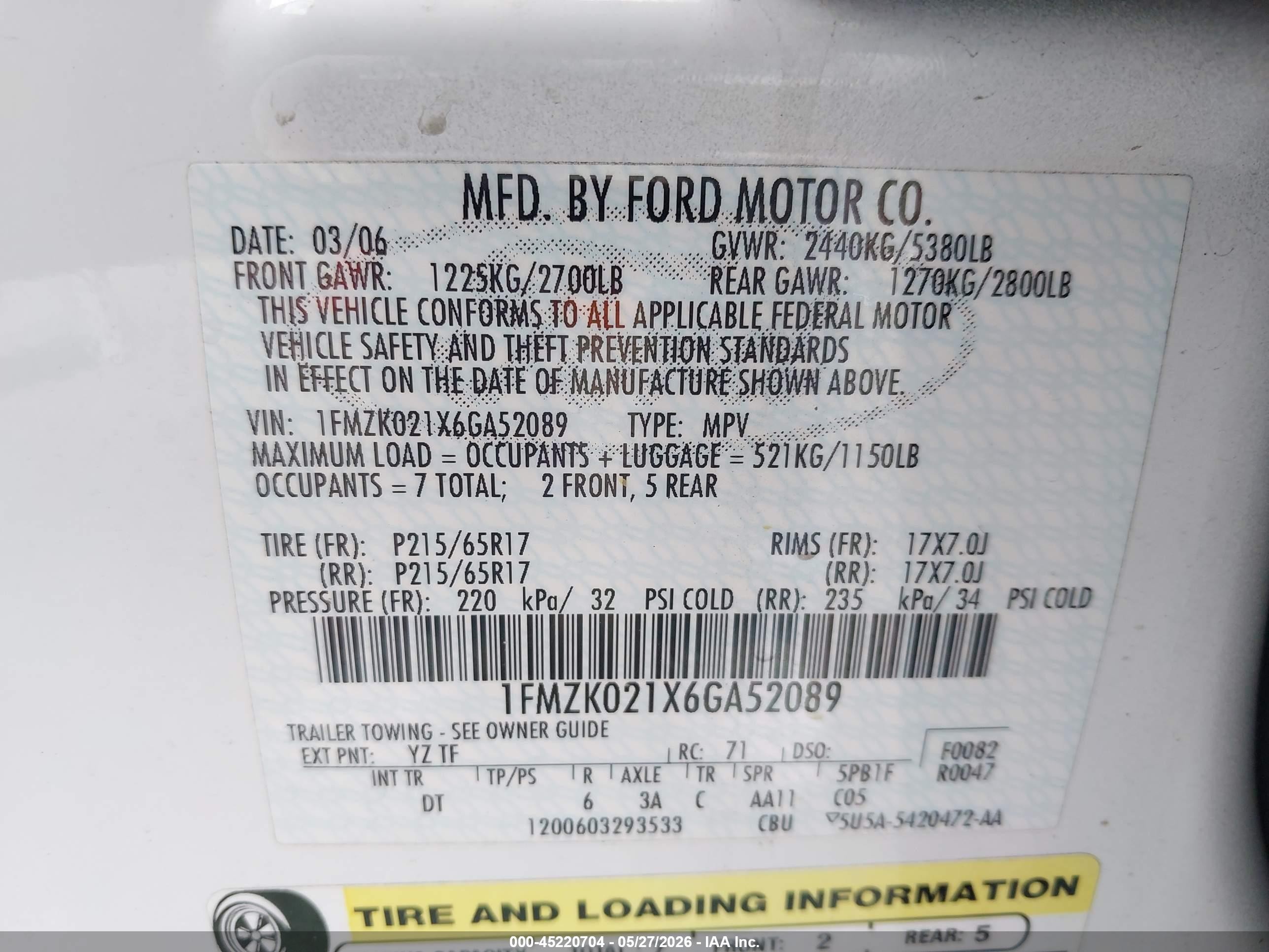 2006 Ford Freestyle Sel White vin: 1FMZK021X6GA52089