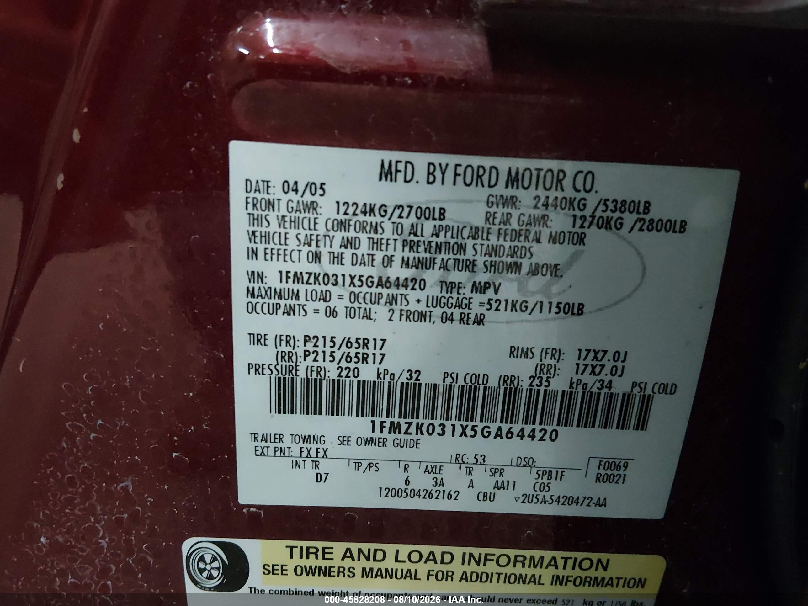 2005 Ford Freestyle Limited Red vin: 1FMZK031X5GA64420