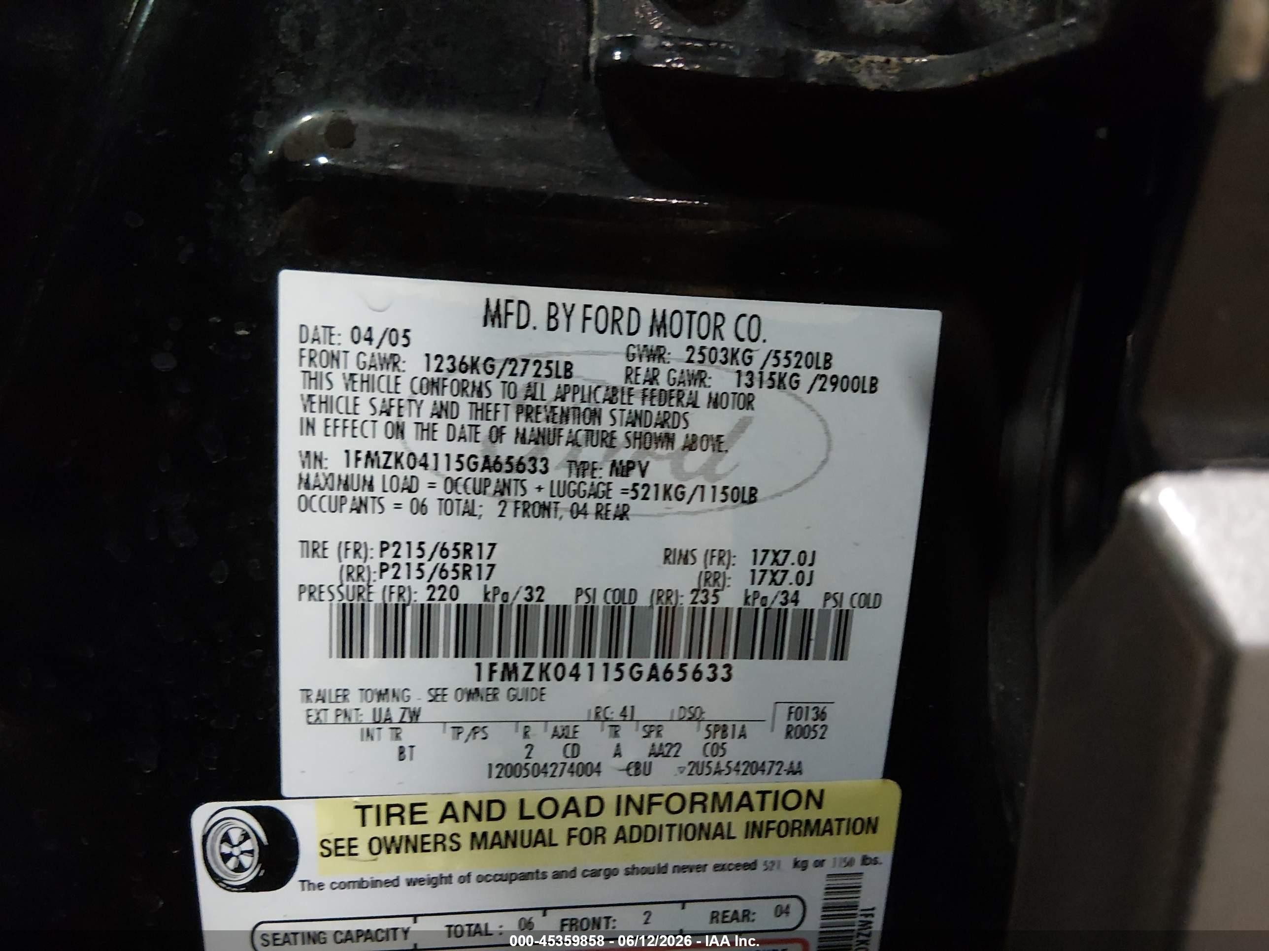 2005 Ford Freestyle Se Black vin: 1FMZK04115GA65633