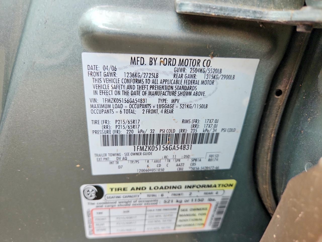 2006 Ford Freestyle Sel Green vin: 1FMZK05156GA54831