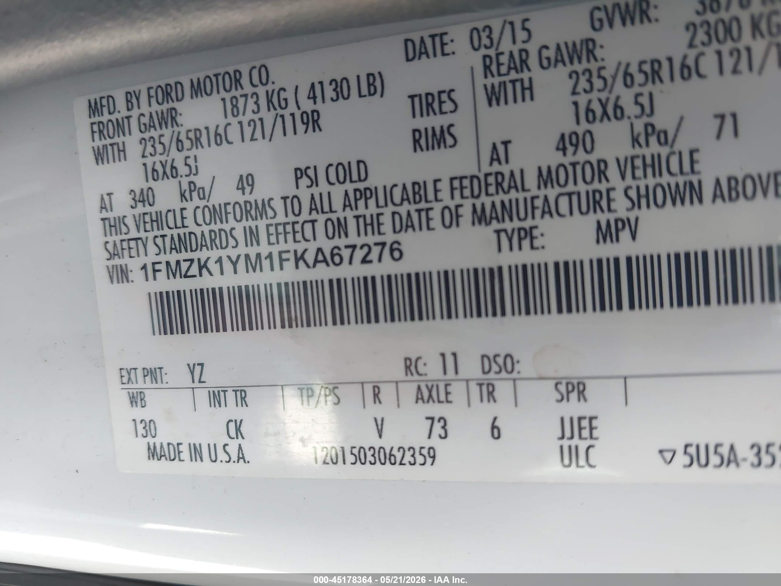 2015 Ford Transit-150 Xlt White vin: 1FMZK1YM1FKA67276