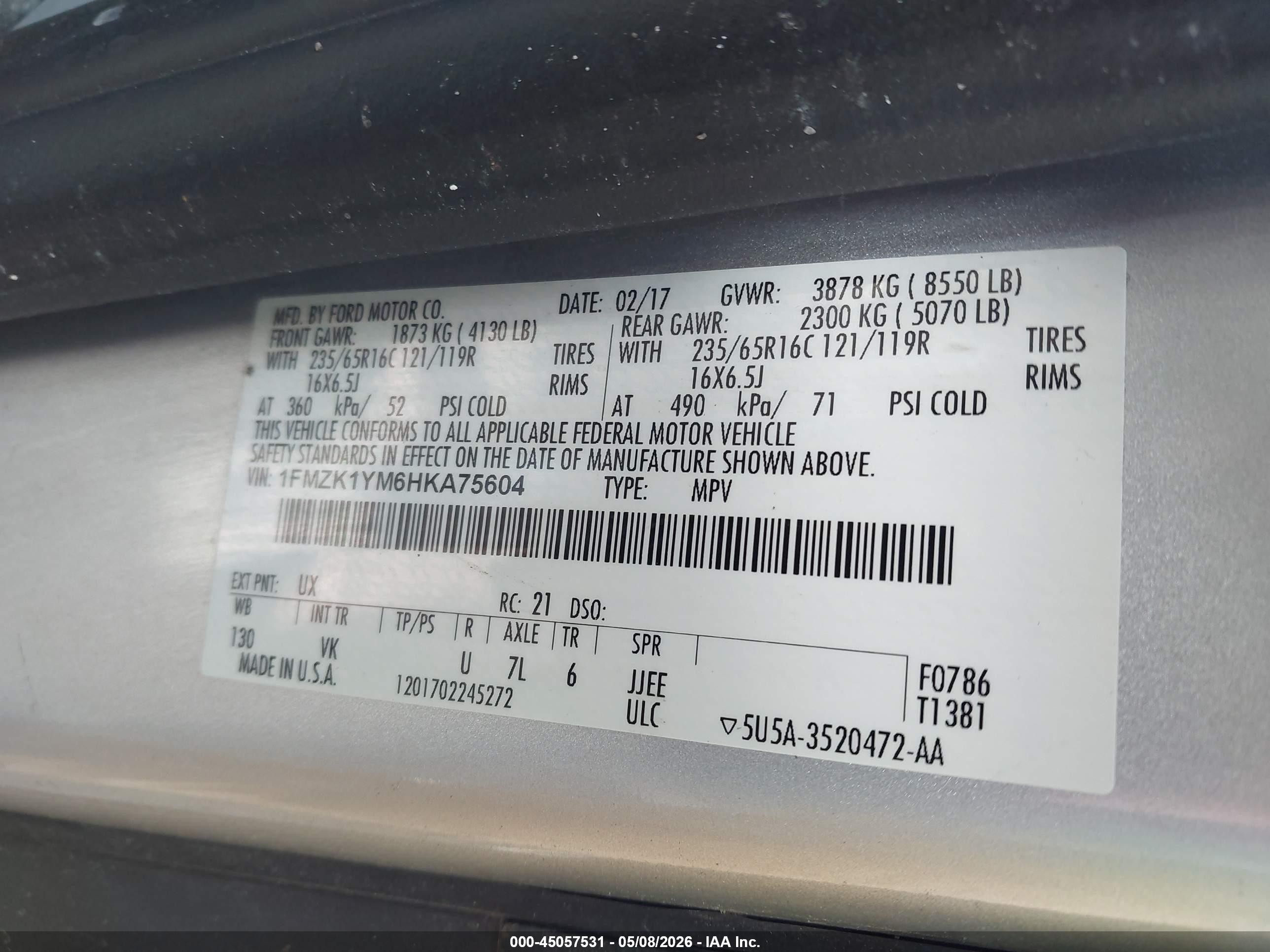 2017 Ford Transit-150 Xl Silver vin: 1FMZK1YM6HKA75604