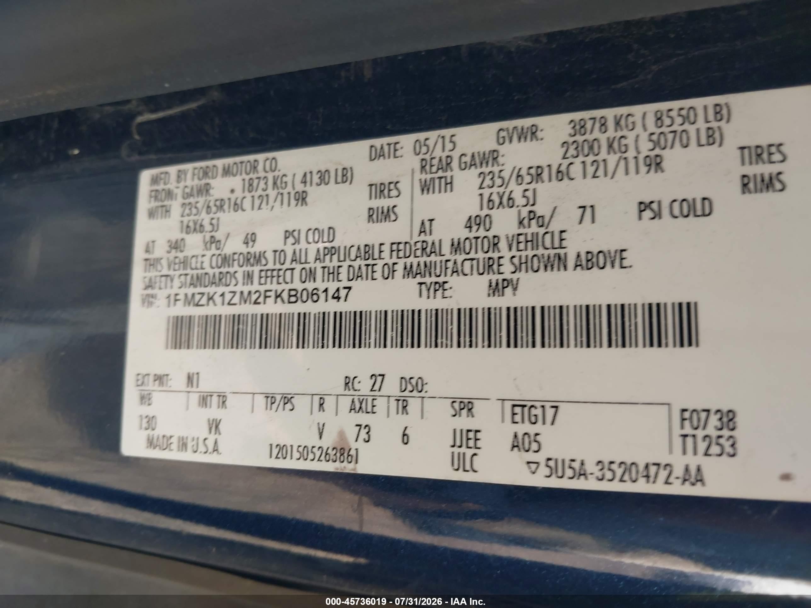 2015 Ford Transit-150 Xl Blue vin: 1FMZK1ZM2FKB06147
