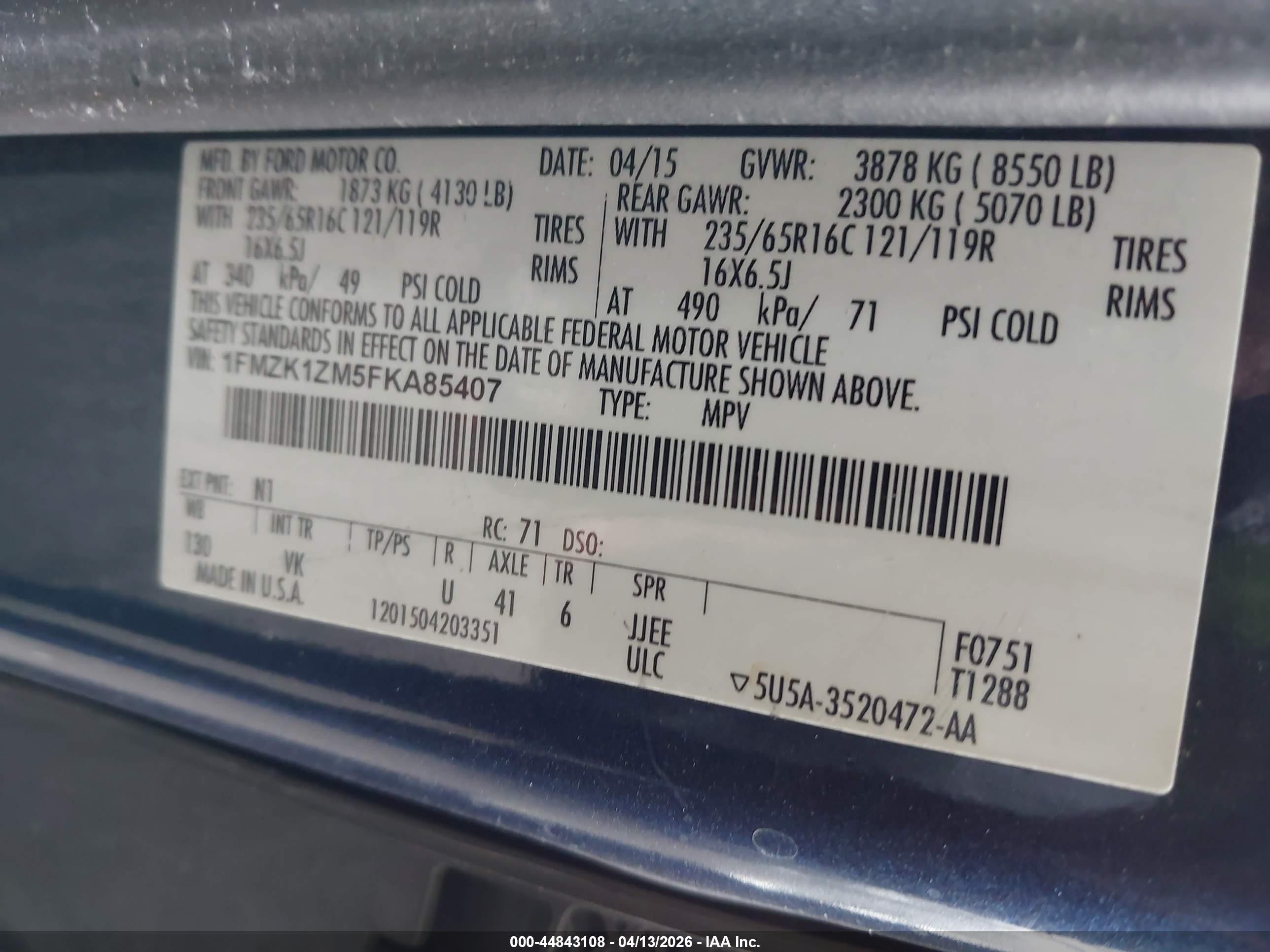 2015 Ford Transit-150 Xl Blue vin: 1FMZK1ZM5FKA85407
