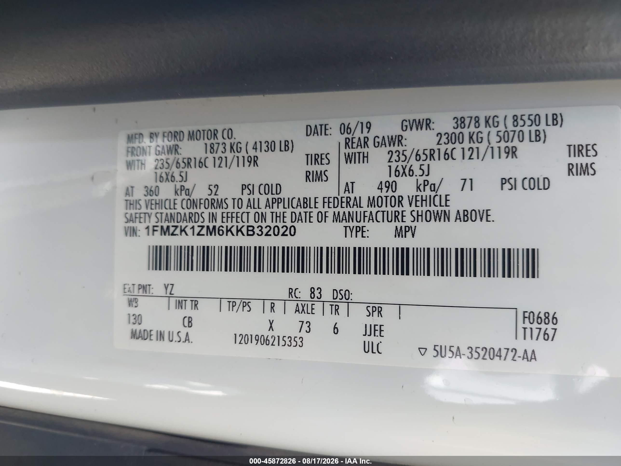 2019 Ford Transit-150 Xl White vin: 1FMZK1ZM6KKB32020