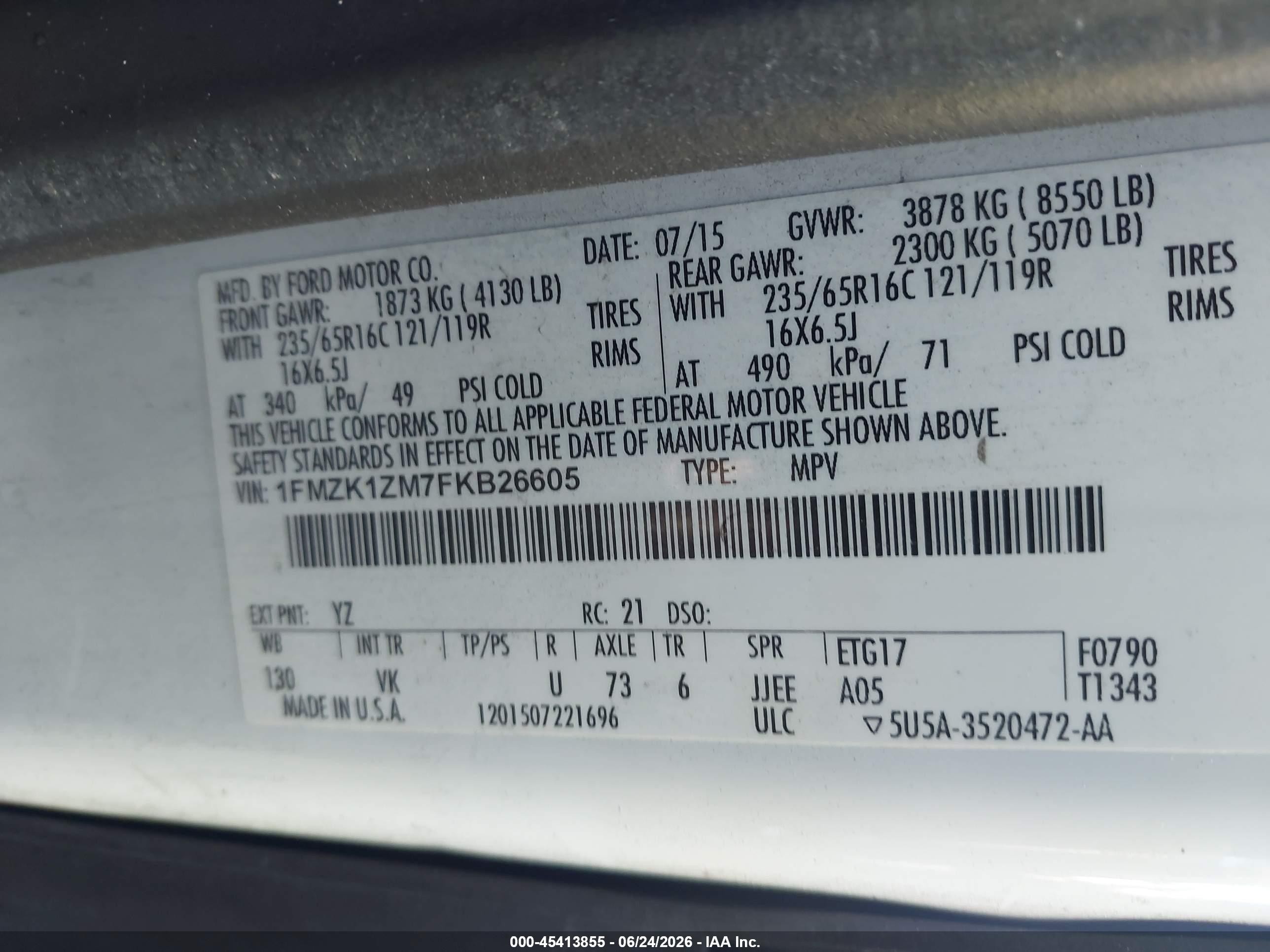 2015 Ford Transit T-150 White vin: 1FMZK1ZM7FKB26605
