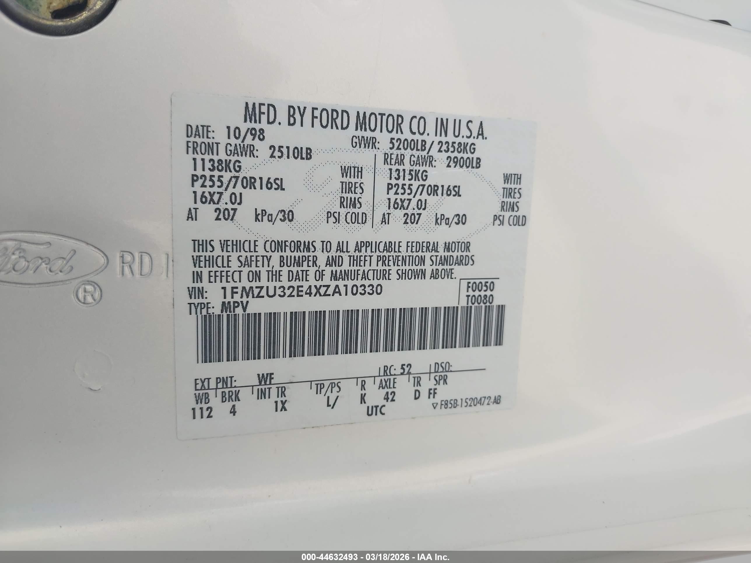 1999 Ford Explorer Eddie Bauer/limited Edition/xlt White vin: 1FMZU32E4XZA10330