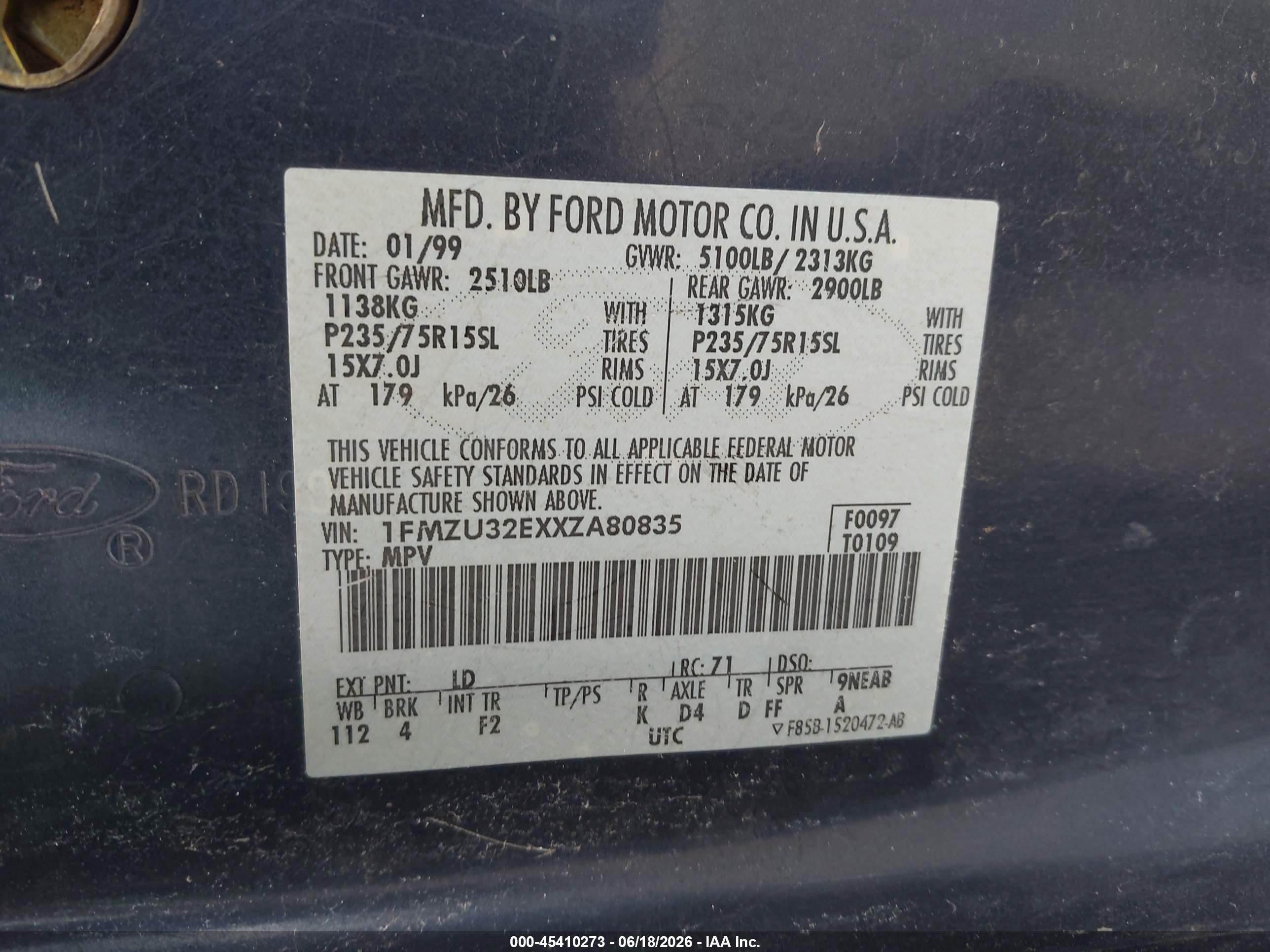 1999 Ford Explorer Eddie Bauer/limited Edition/xlt Blue vin: 1FMZU32EXXZA80835