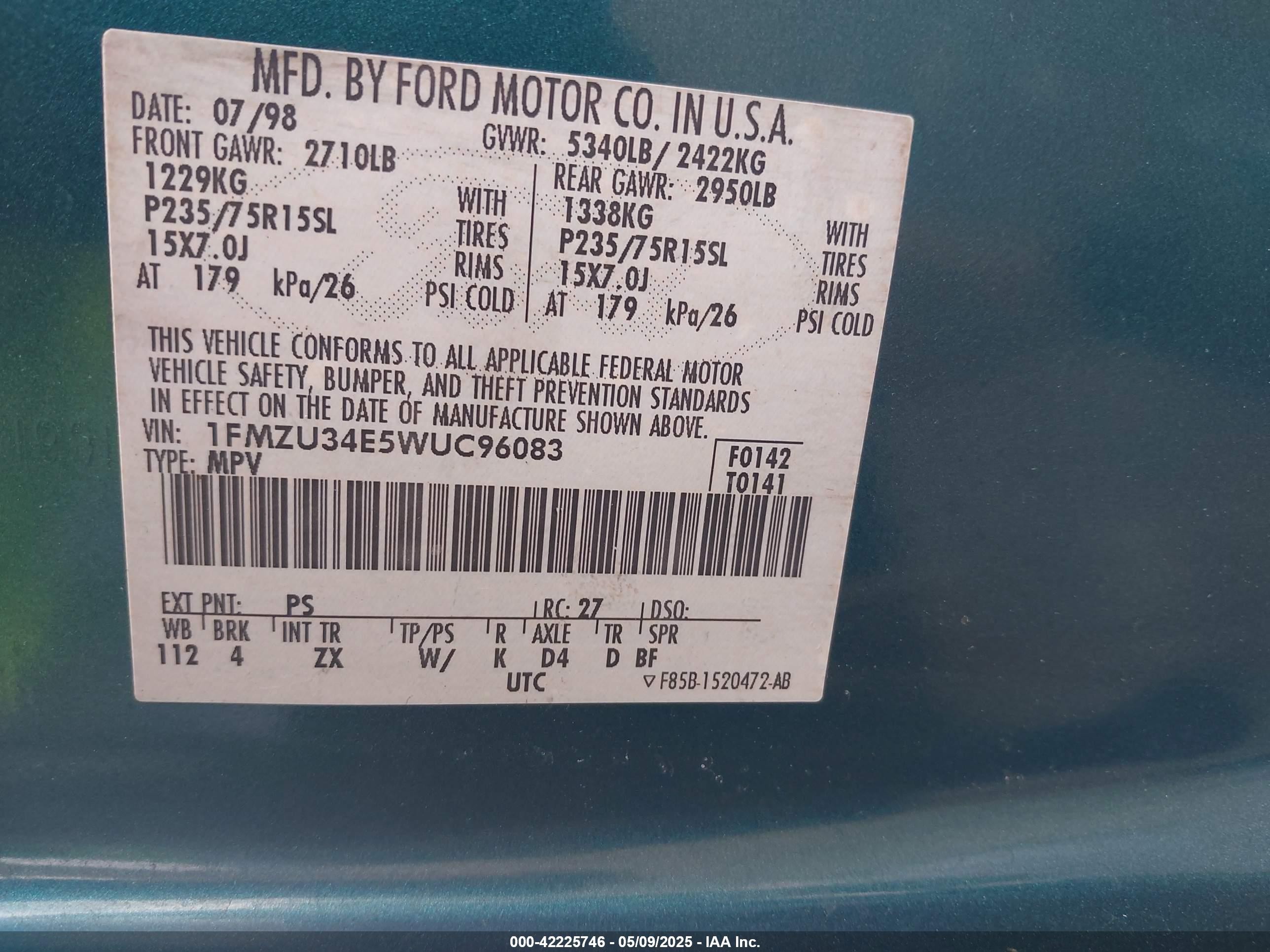 1998 Ford Explorer Eddie Bauer/limited/xl/xlt Зеленый vin: 1FMZU34E5WUC96083