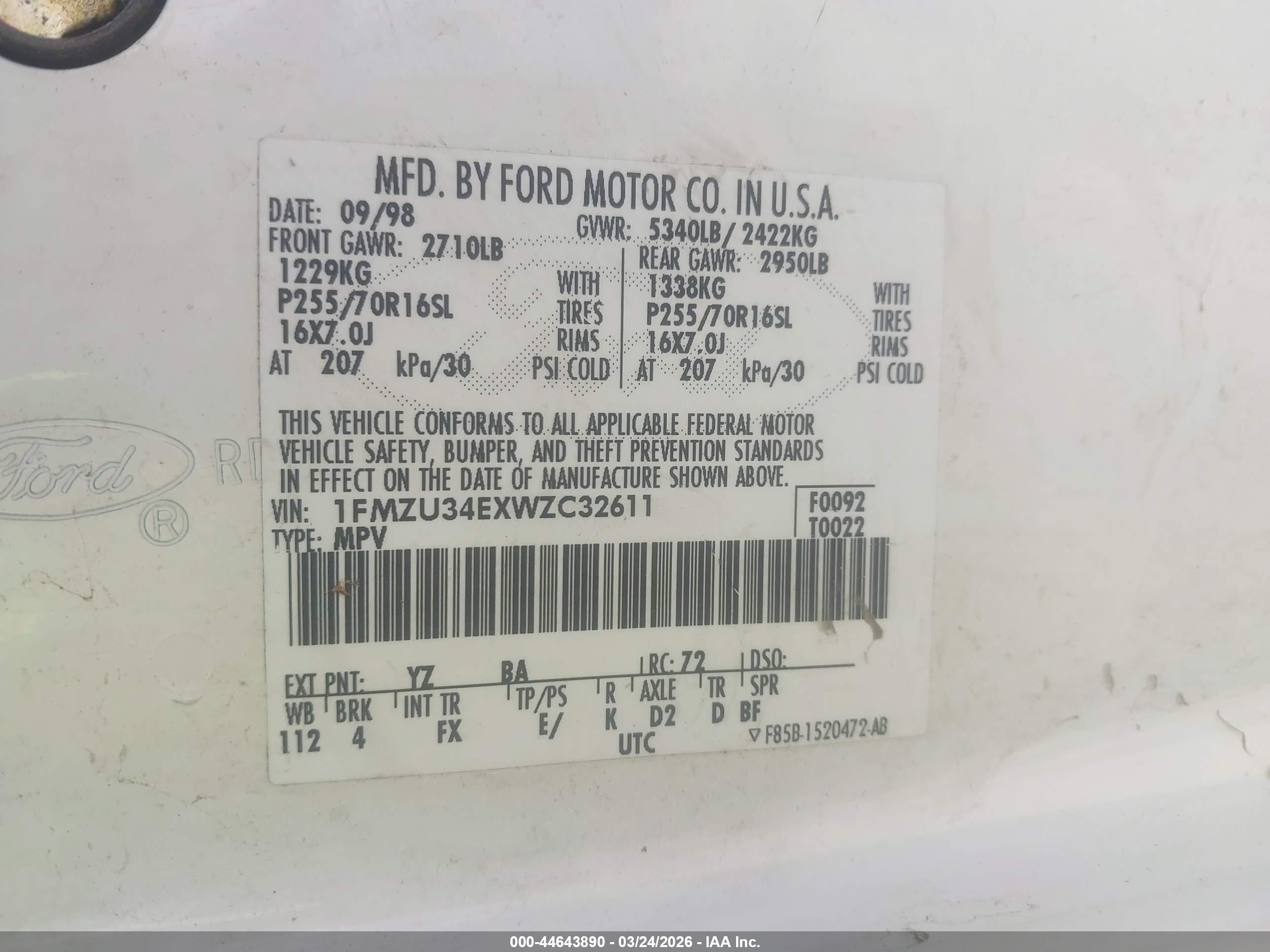 1998 Ford Explorer Eddie Bauer/limited/xl/xlt Белый vin: 1FMZU34EXWZC32611