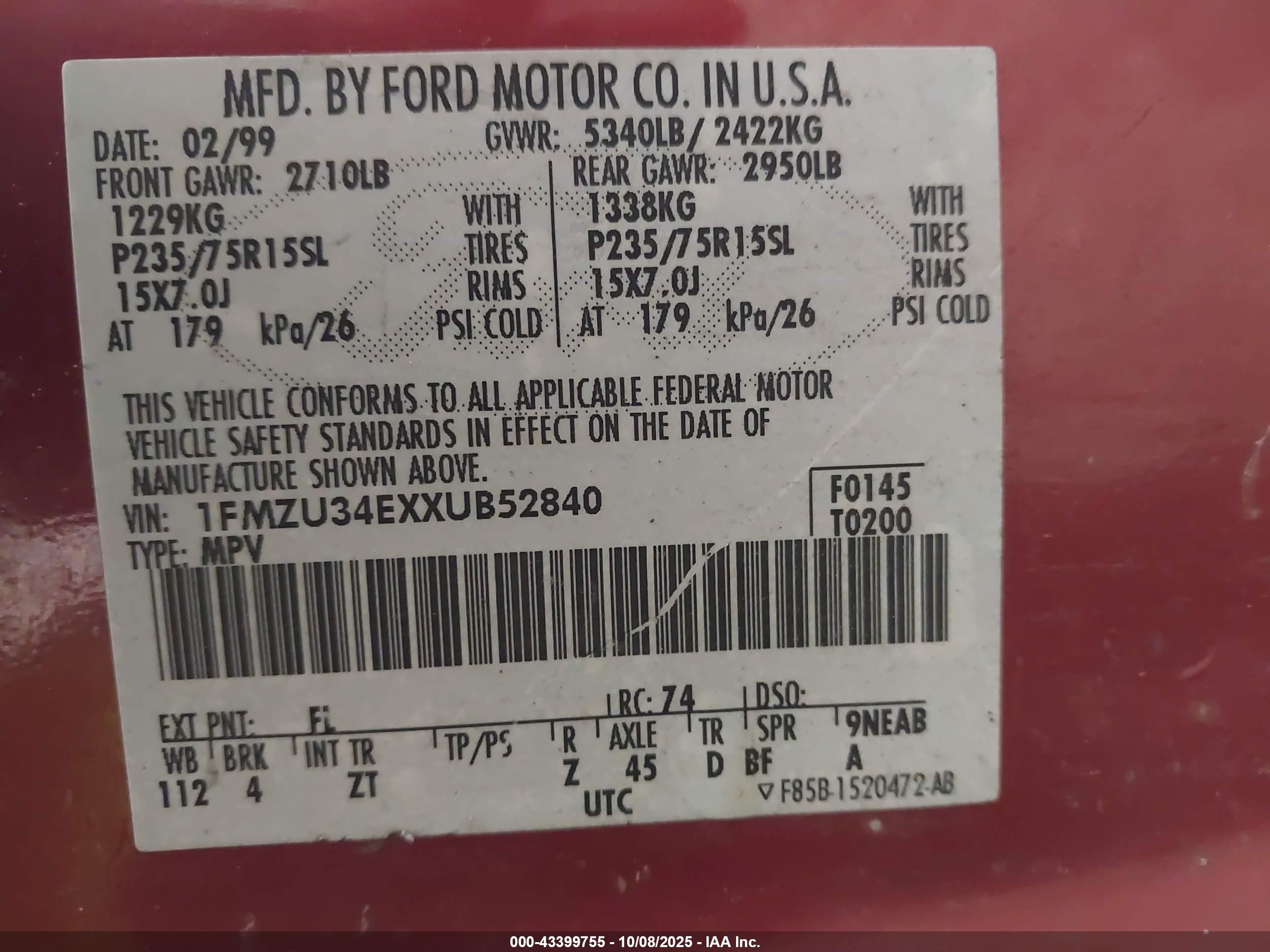 1999 Ford Explorer Eddie Bauer/limited/xlt Red vin: 1FMZU34EXXUB52840