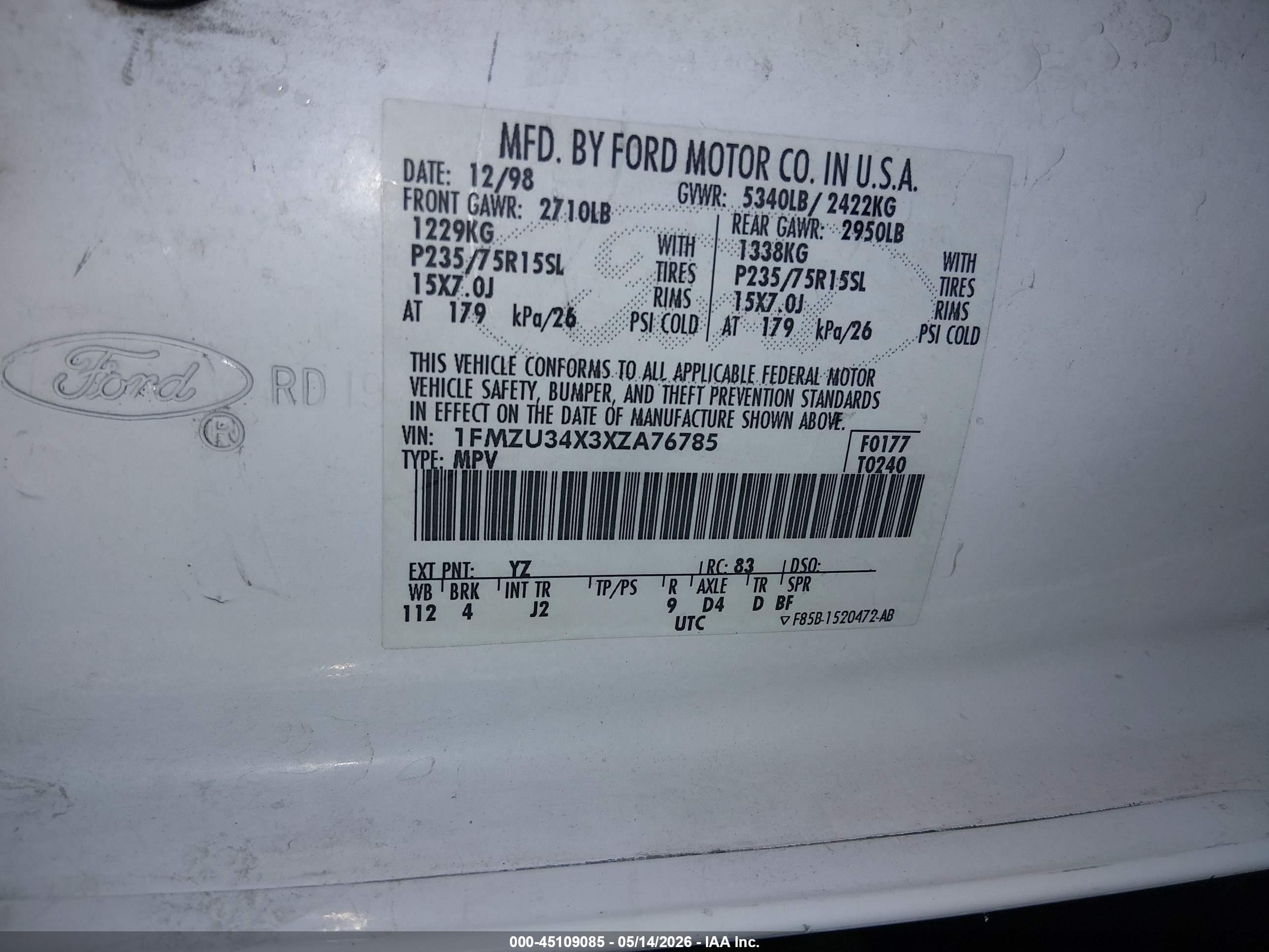 1999 Ford Explorer Xl/xlt White vin: 1FMZU34X3XZA76785