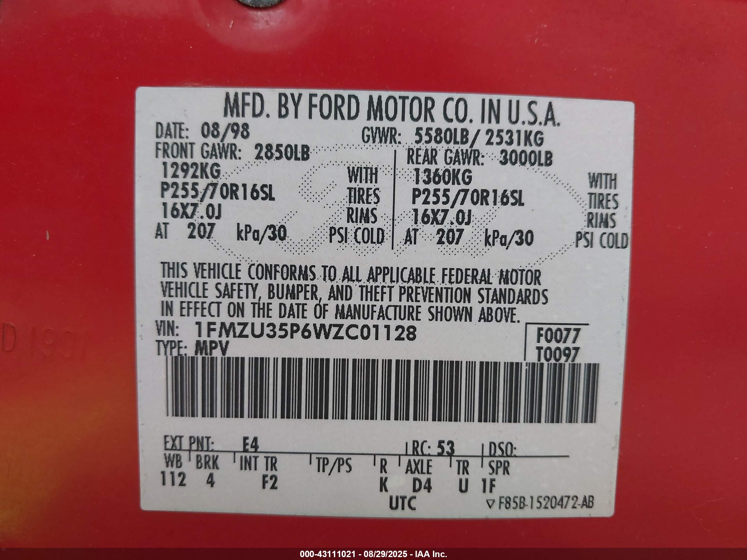 1998 Ford Explorer Eddie Bauer/limited/xlt Red vin: 1FMZU35P6WZC01128