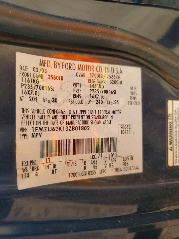 2003 Ford Explorer Xls Blue vin: 1FMZU62K13ZB01802