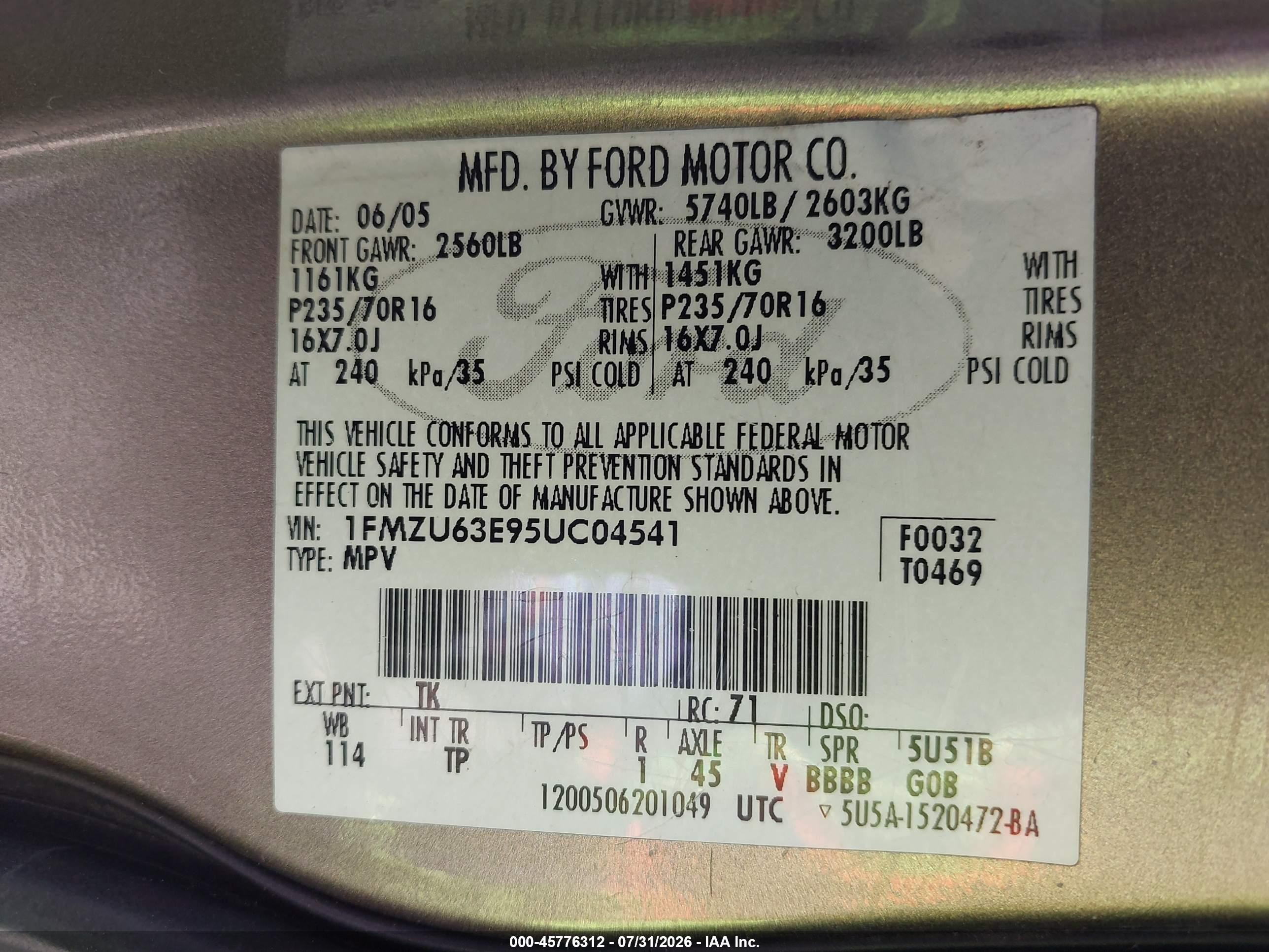 2005 Ford Explorer Xlt/xlt Sport Champagne vin: 1FMZU63E95UC04541