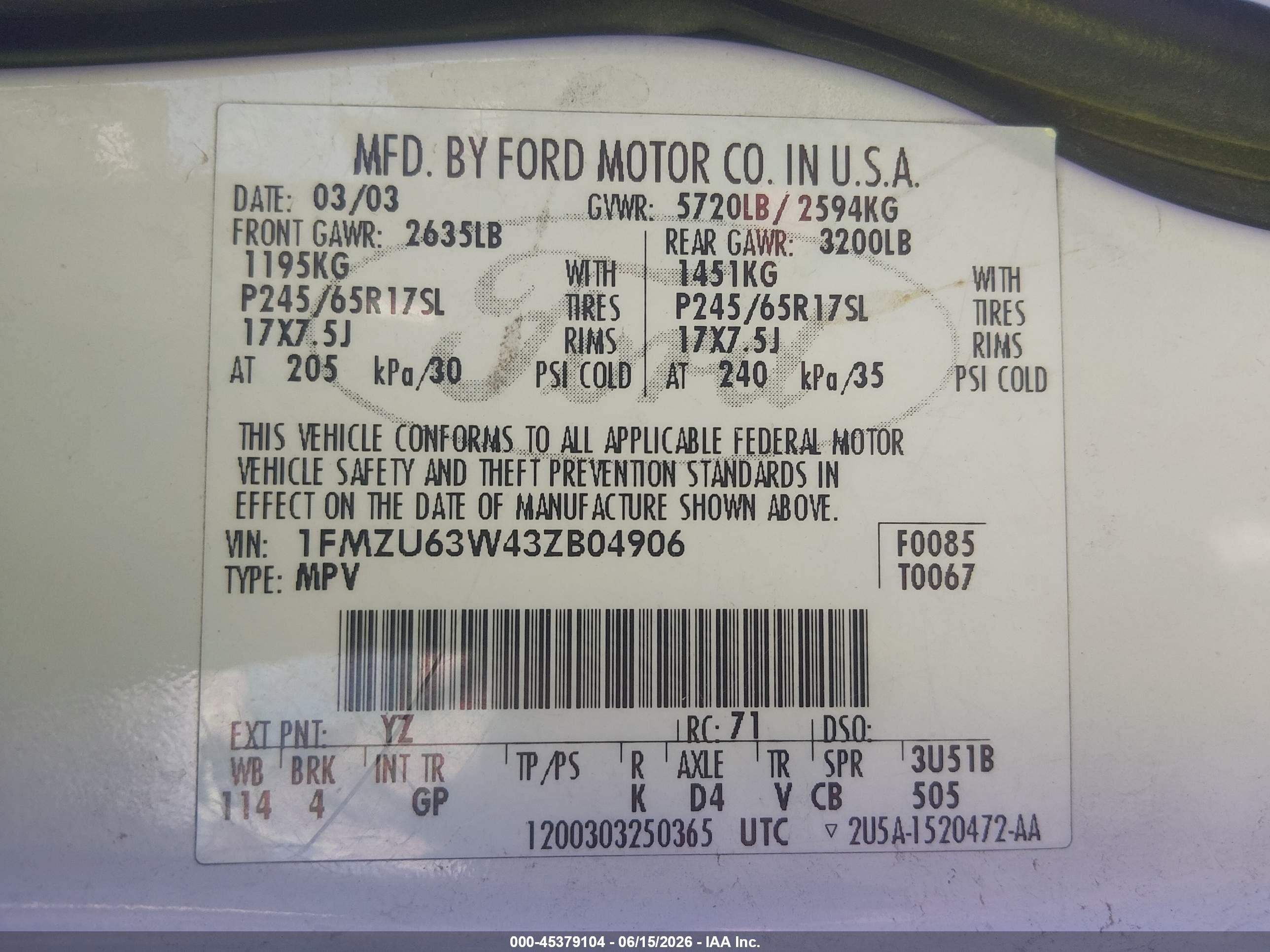 2003 Ford Explorer   White vin: 1FMZU63W43ZB04906
