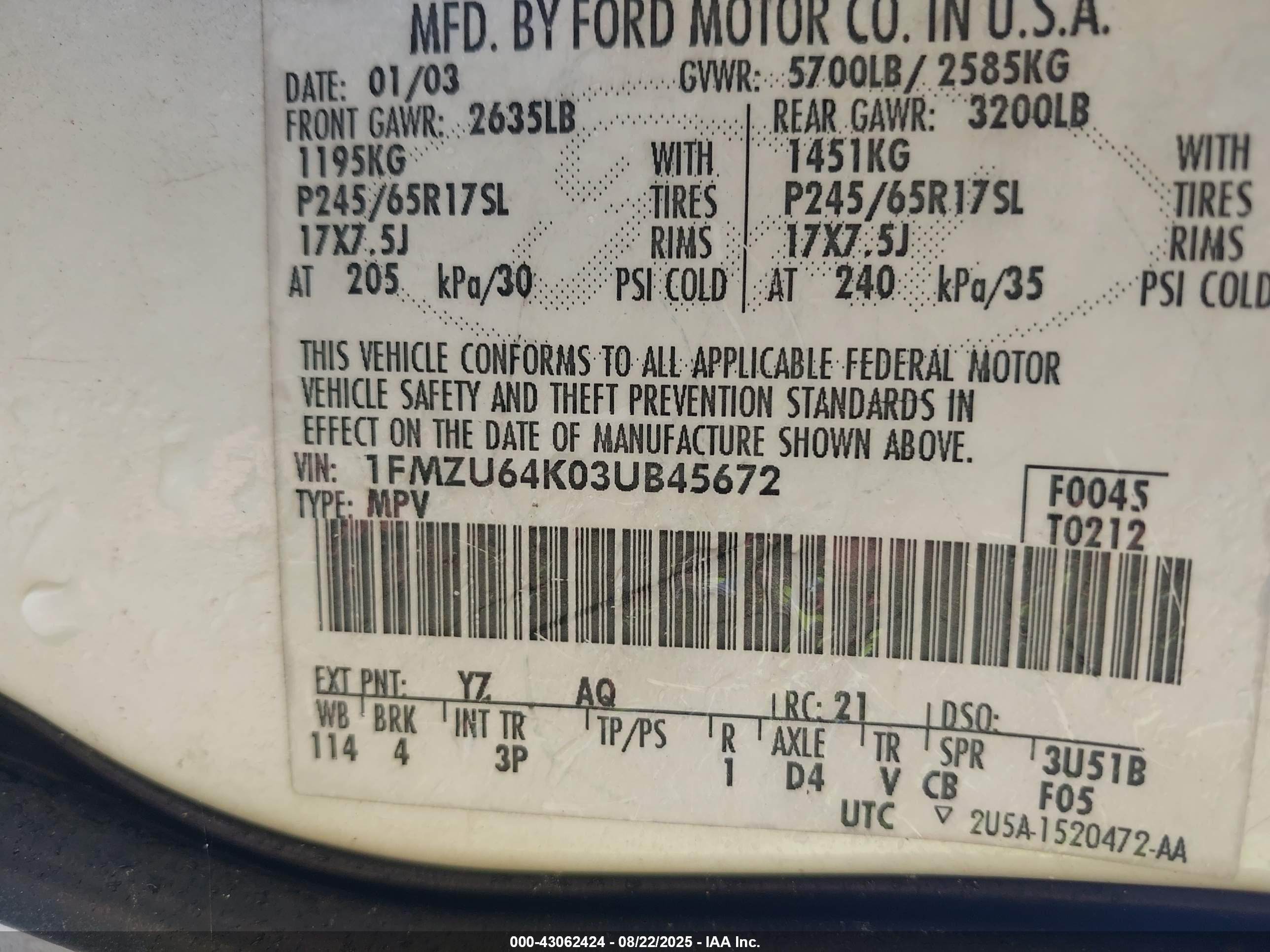 2003 Ford Explorer Eddie Bauer White vin: 1FMZU64K03UB45672