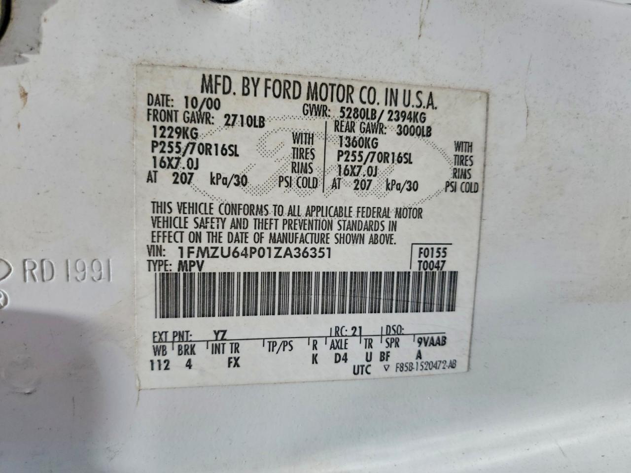 2001 Ford Explorer Eddie Bauer White vin: 1FMZU64P01ZA36351