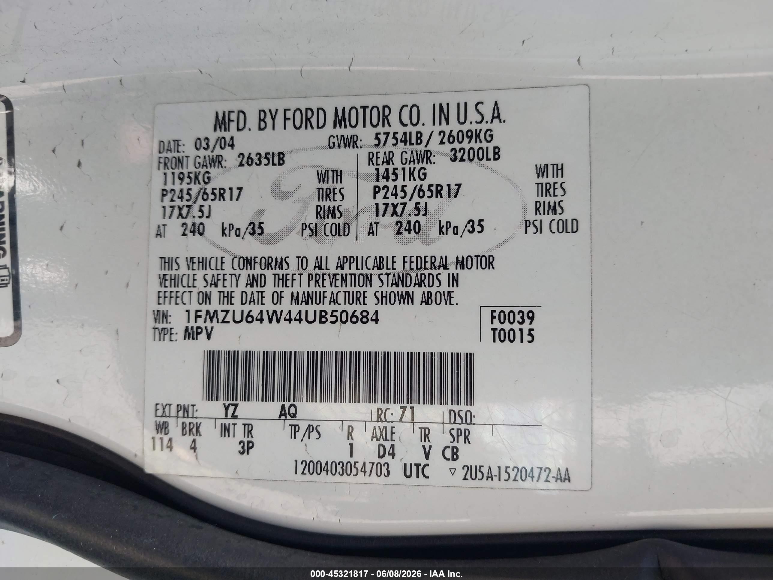 2004 Ford Explorer Eddie Bauer White vin: 1FMZU64W44UB50684