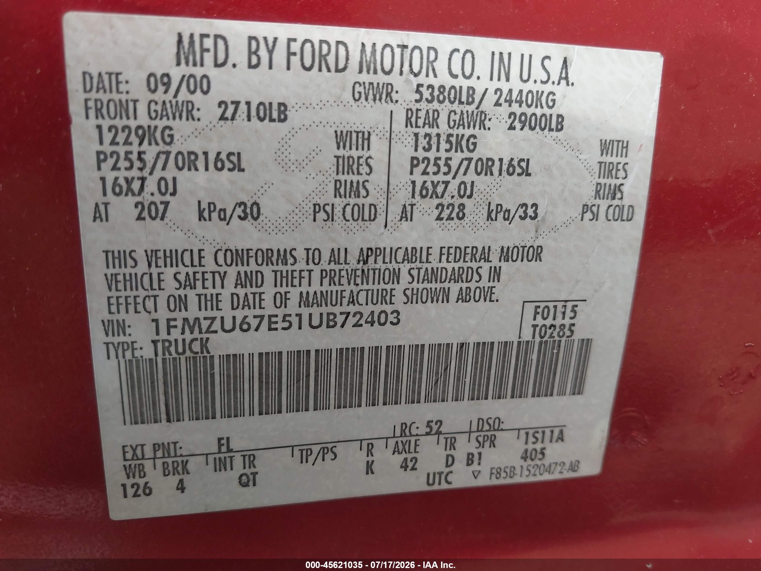 2001 Ford Explorer Sport Trac   Red vin: 1FMZU67E51UB72403