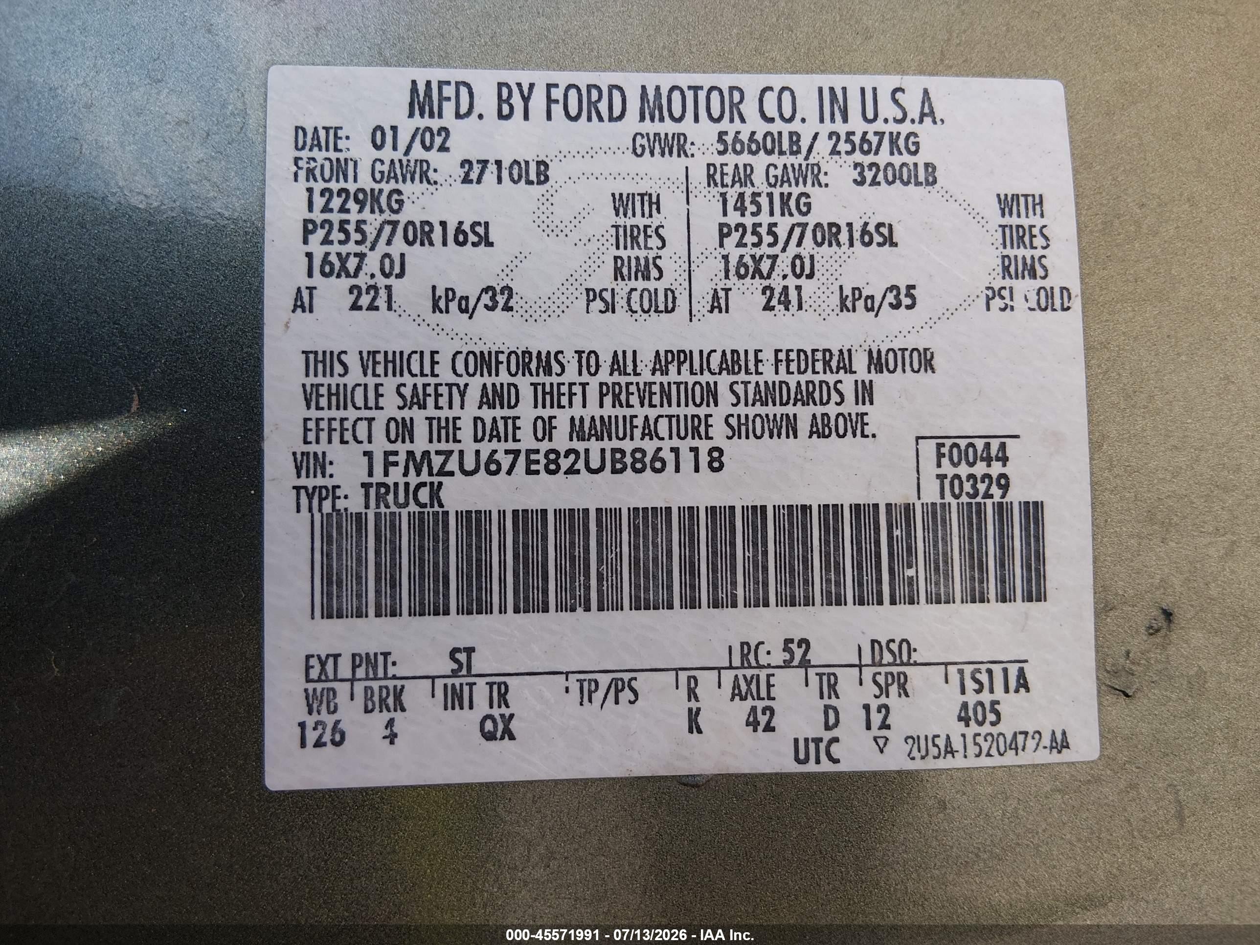 2002 Ford Explorer Sport Trac   Green vin: 1FMZU67E82UB86118