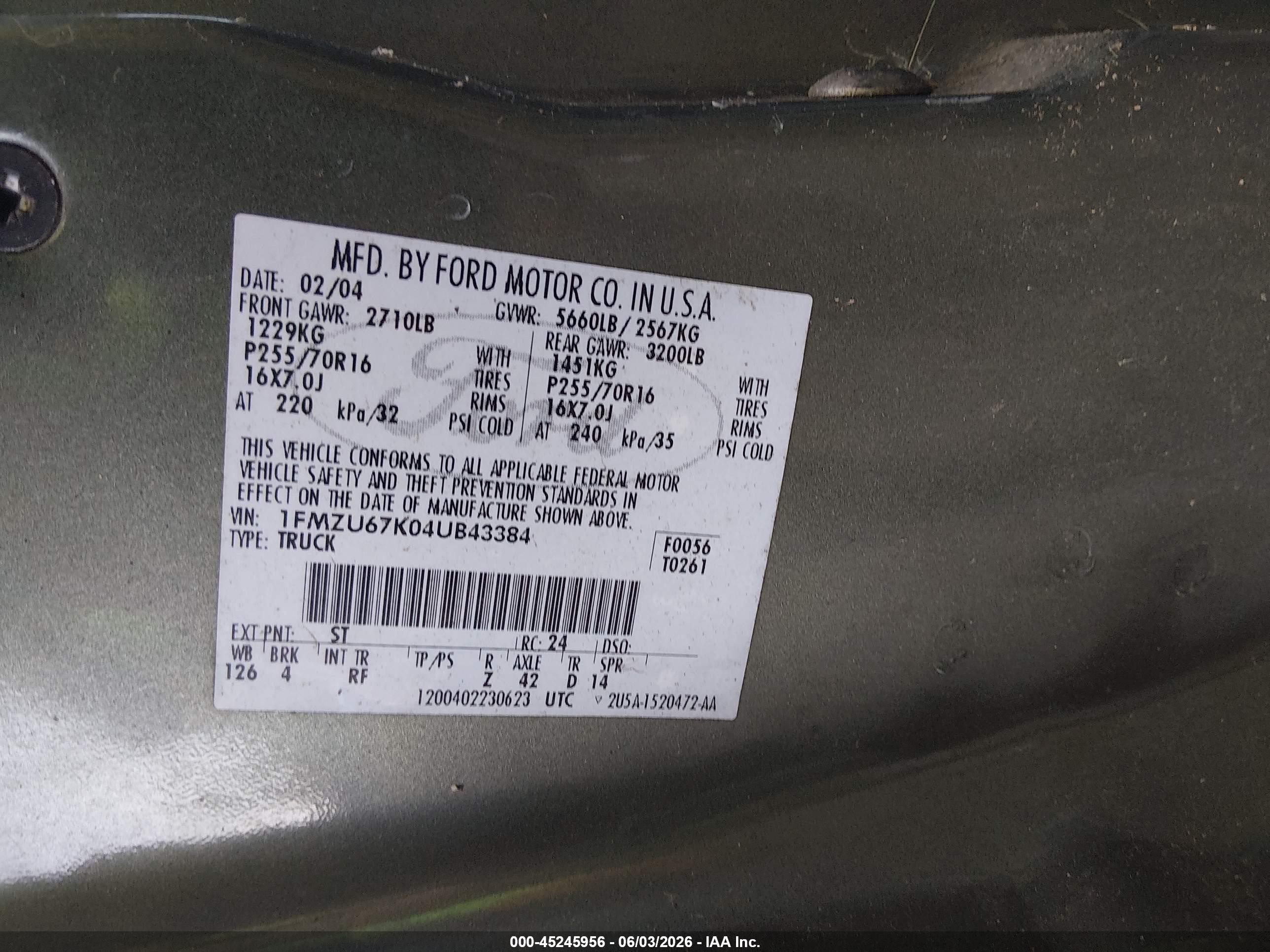 2004 Ford Explorer Sport Trac Adrenalin/xls/xlt Green vin: 1FMZU67K04UB43384