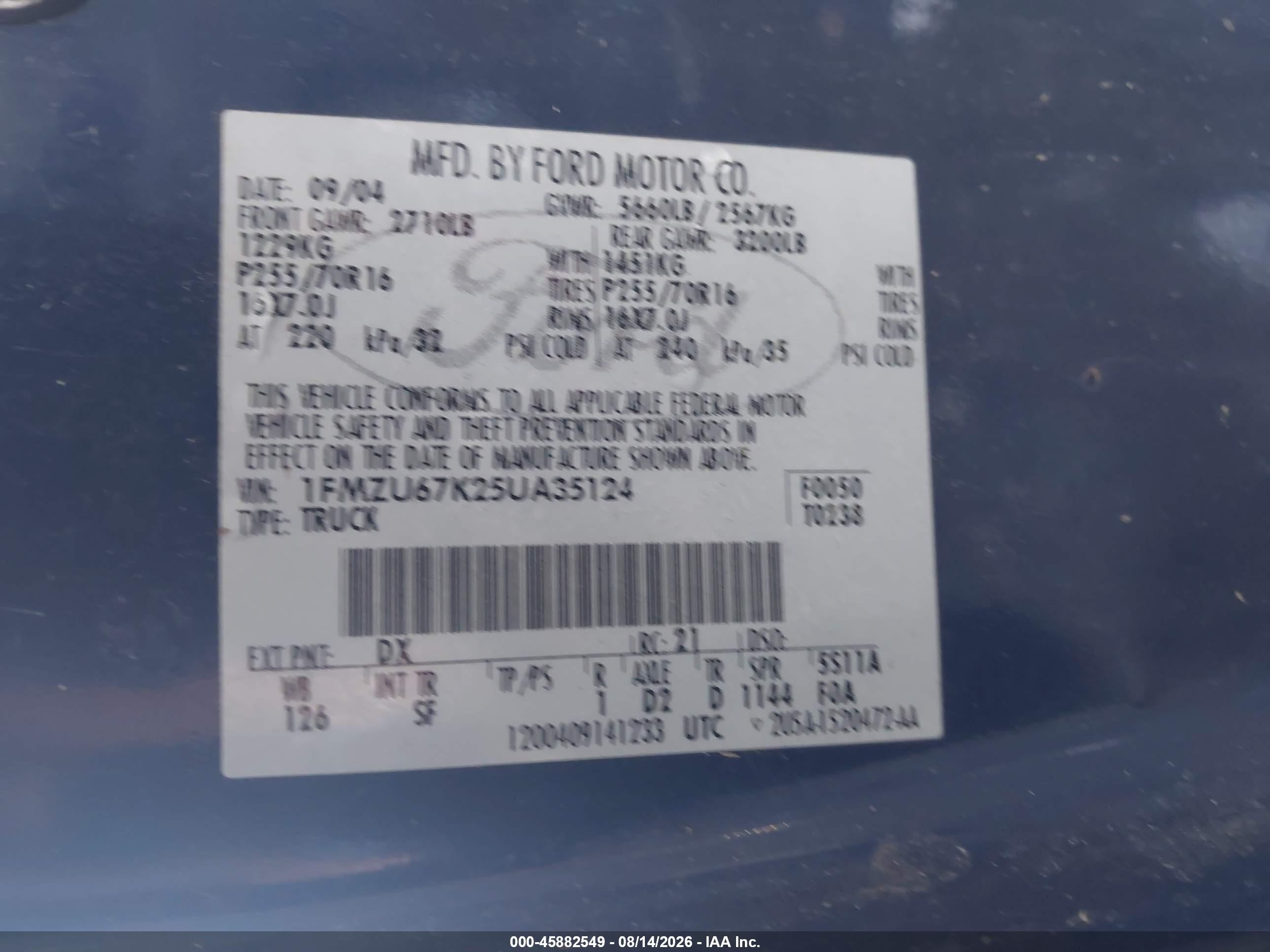 2005 Ford Explorer Sport Trac Adrenalin/xls/xlt Blue vin: 1FMZU67K25UA35124