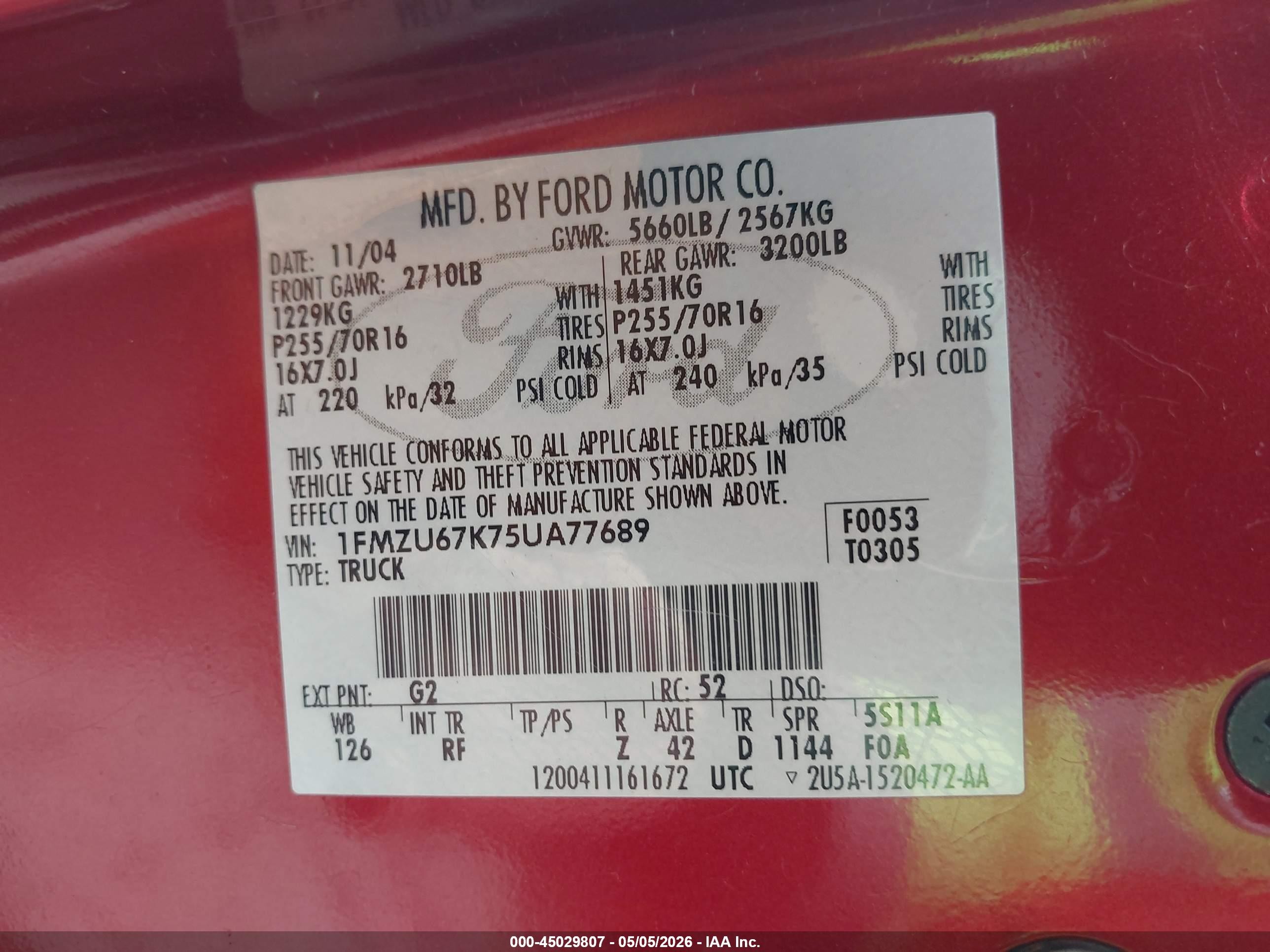 2005 Ford Explorer Sport Trac Adrenalin/xls/xlt Red vin: 1FMZU67K75UA77689