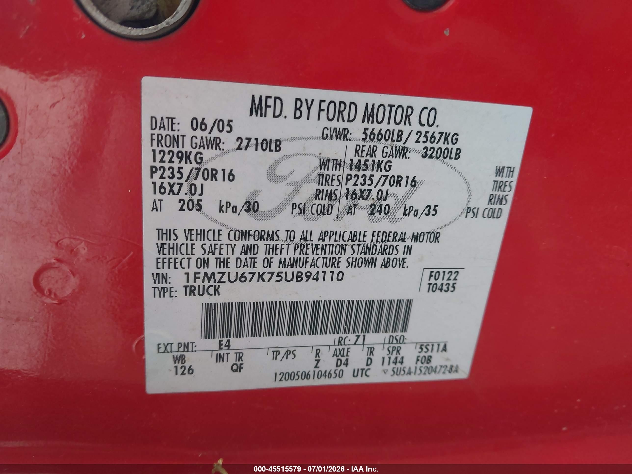2005 Ford Explorer Sport Trac Adrenalin/xls/xlt Red vin: 1FMZU67K75UB94110