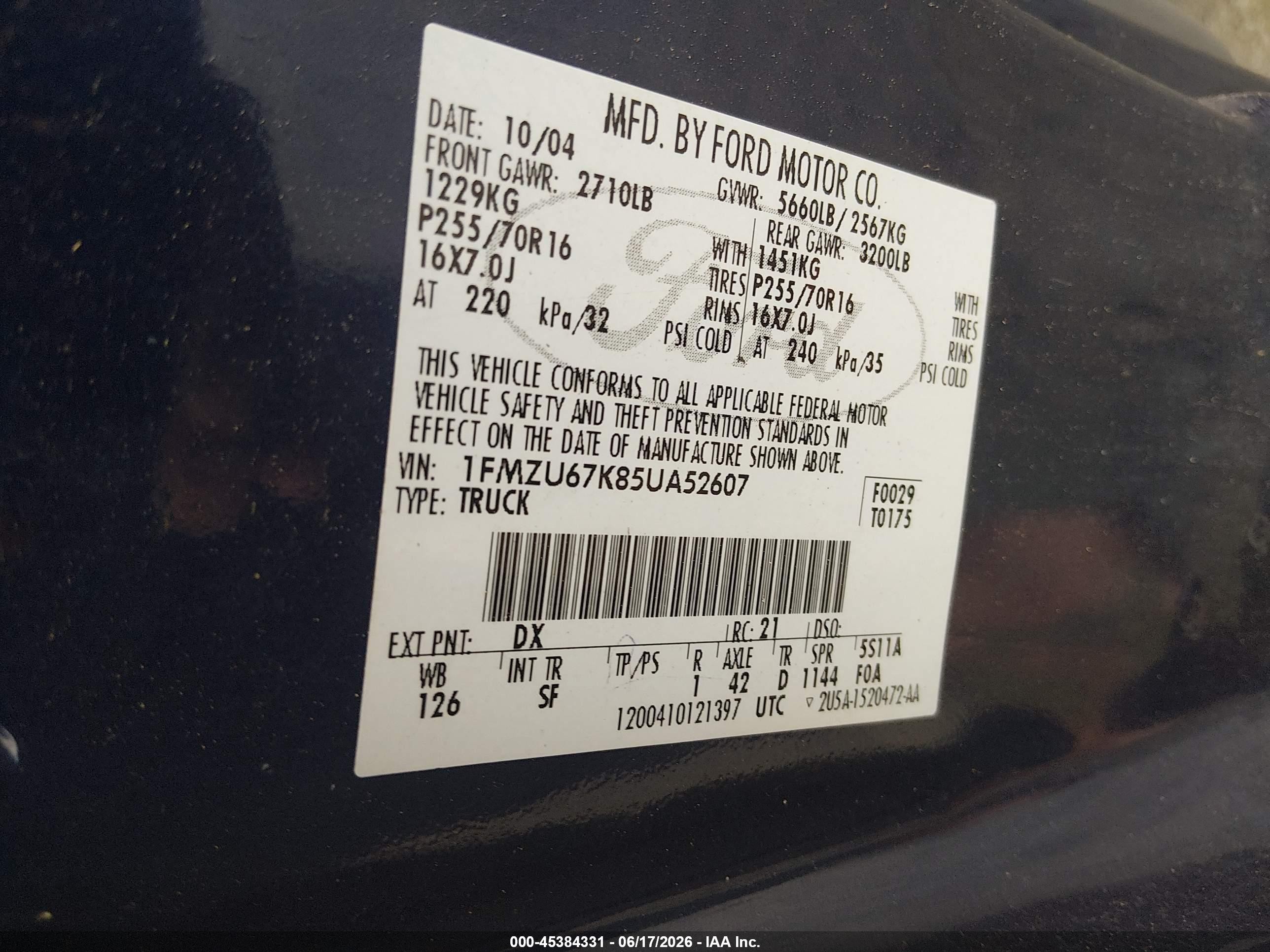 2005 Ford Explorer Sport Trac Adrenalin/xls/xlt Blue vin: 1FMZU67K85UA52607