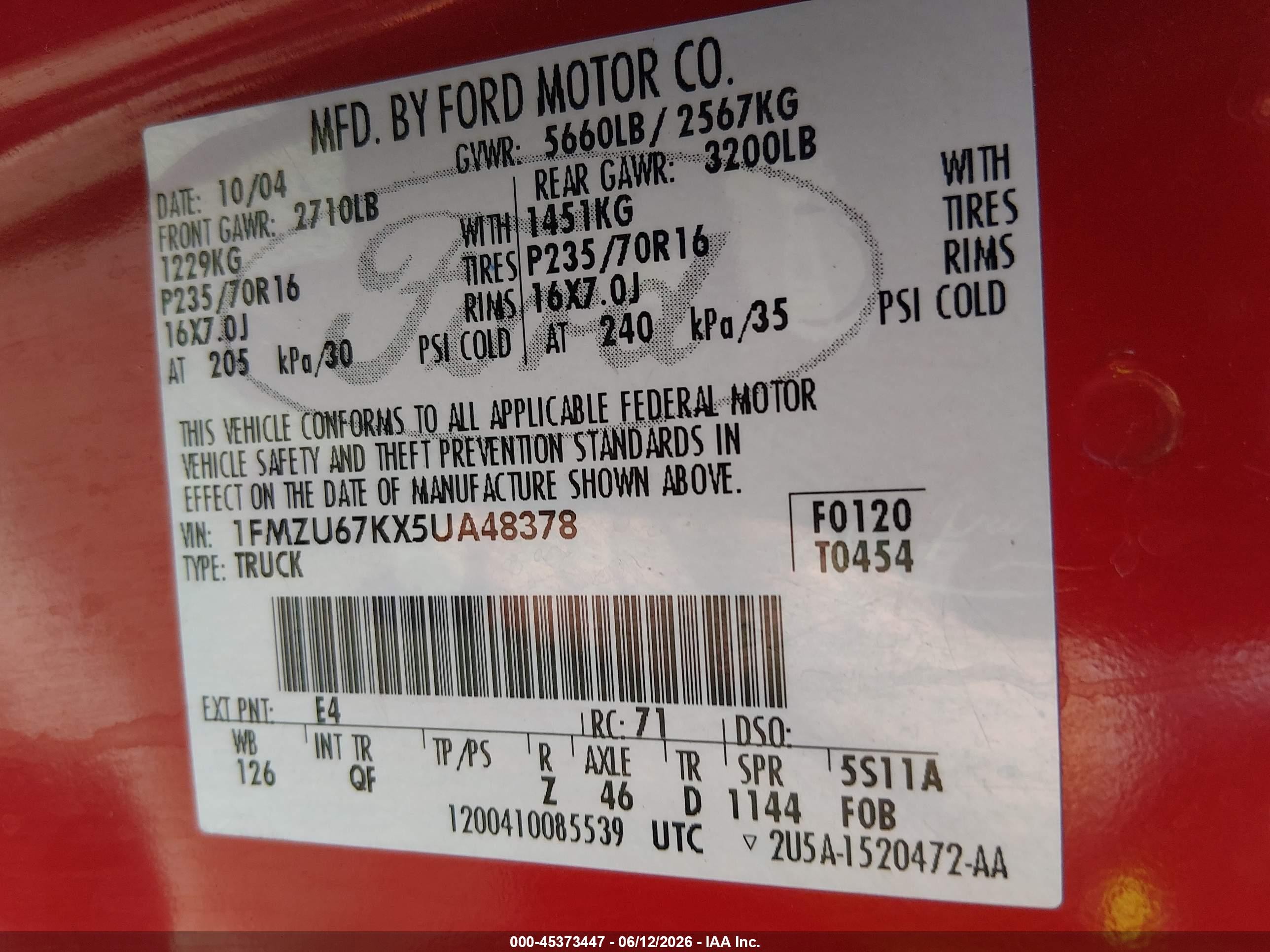 2005 Ford Explorer Sport Trac Adrenalin/xls/xlt Red vin: 1FMZU67KX5UA48378