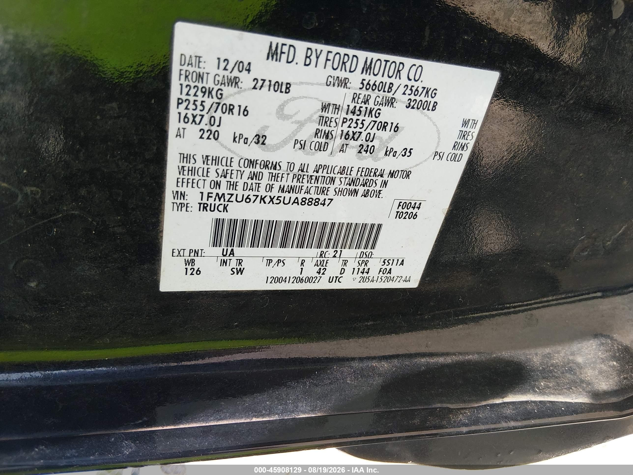 2005 Ford Explorer Sport Trac Adrenalin/xls/xlt Black vin: 1FMZU67KX5UA88847