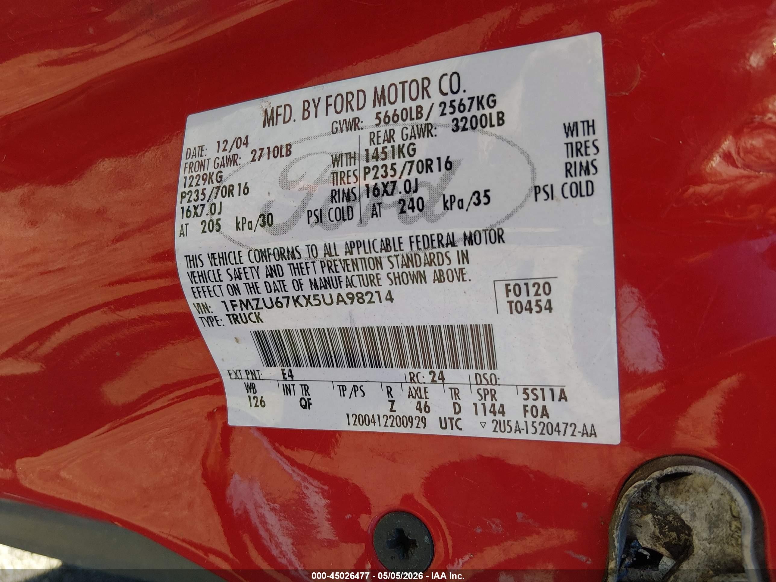 2005 Ford Explorer Sport Trac   Red vin: 1FMZU67KX5UA98214