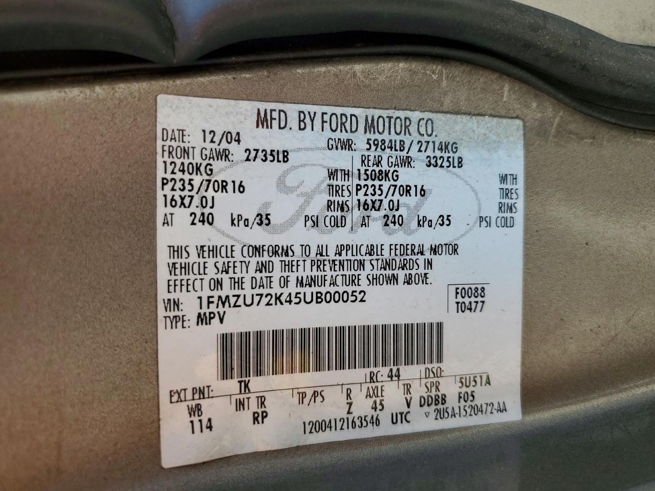 2005 Ford Explorer Xls Tan vin: 1FMZU72K45UB00052
