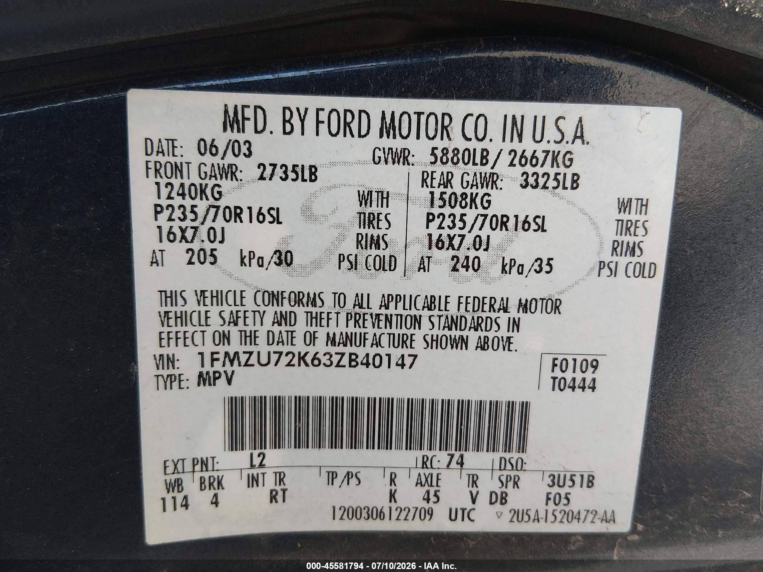 2003 Ford Explorer Xls Blue vin: 1FMZU72K63ZB40147