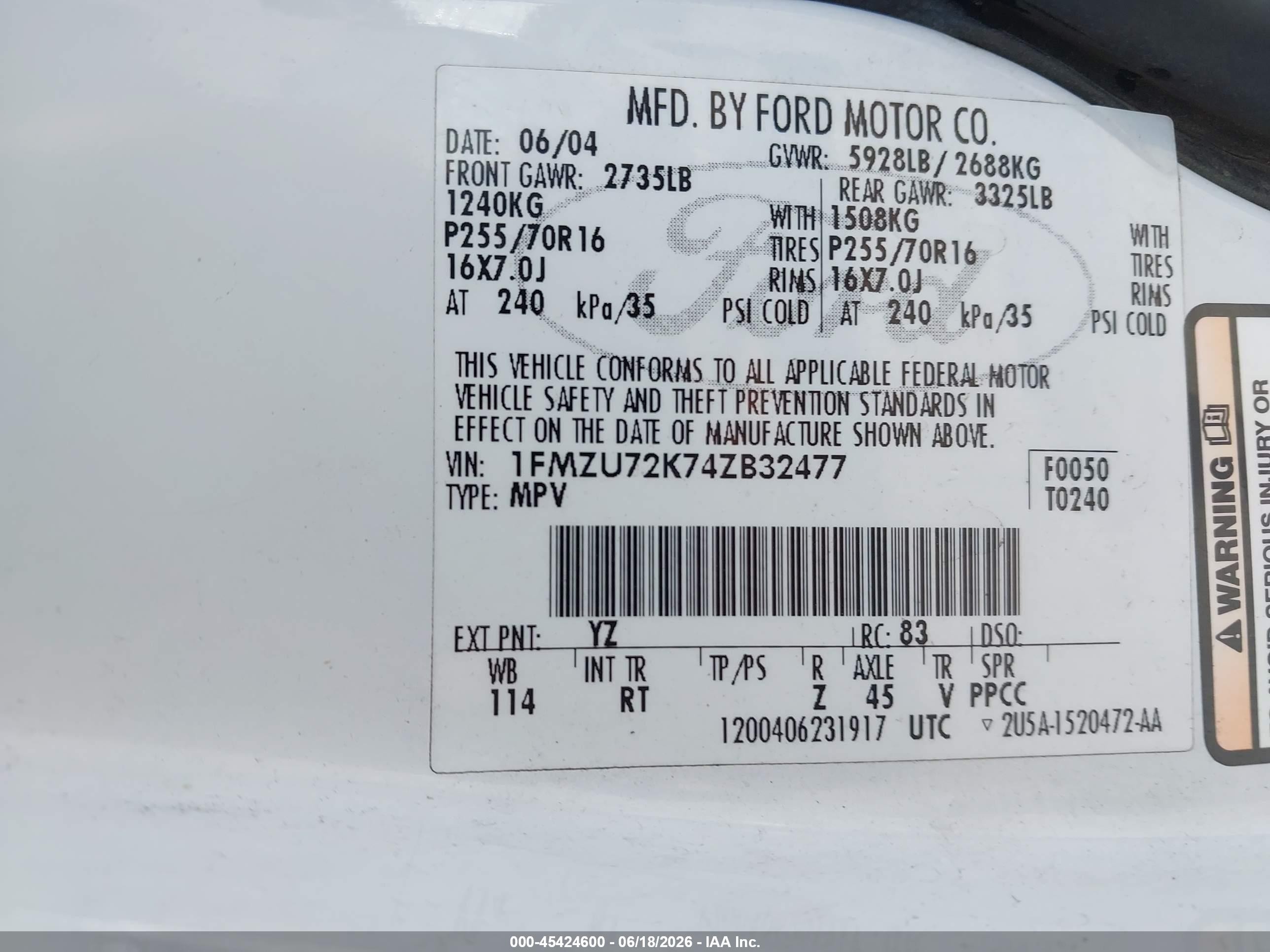 2004 Ford Explorer Xls White vin: 1FMZU72K74ZB32477