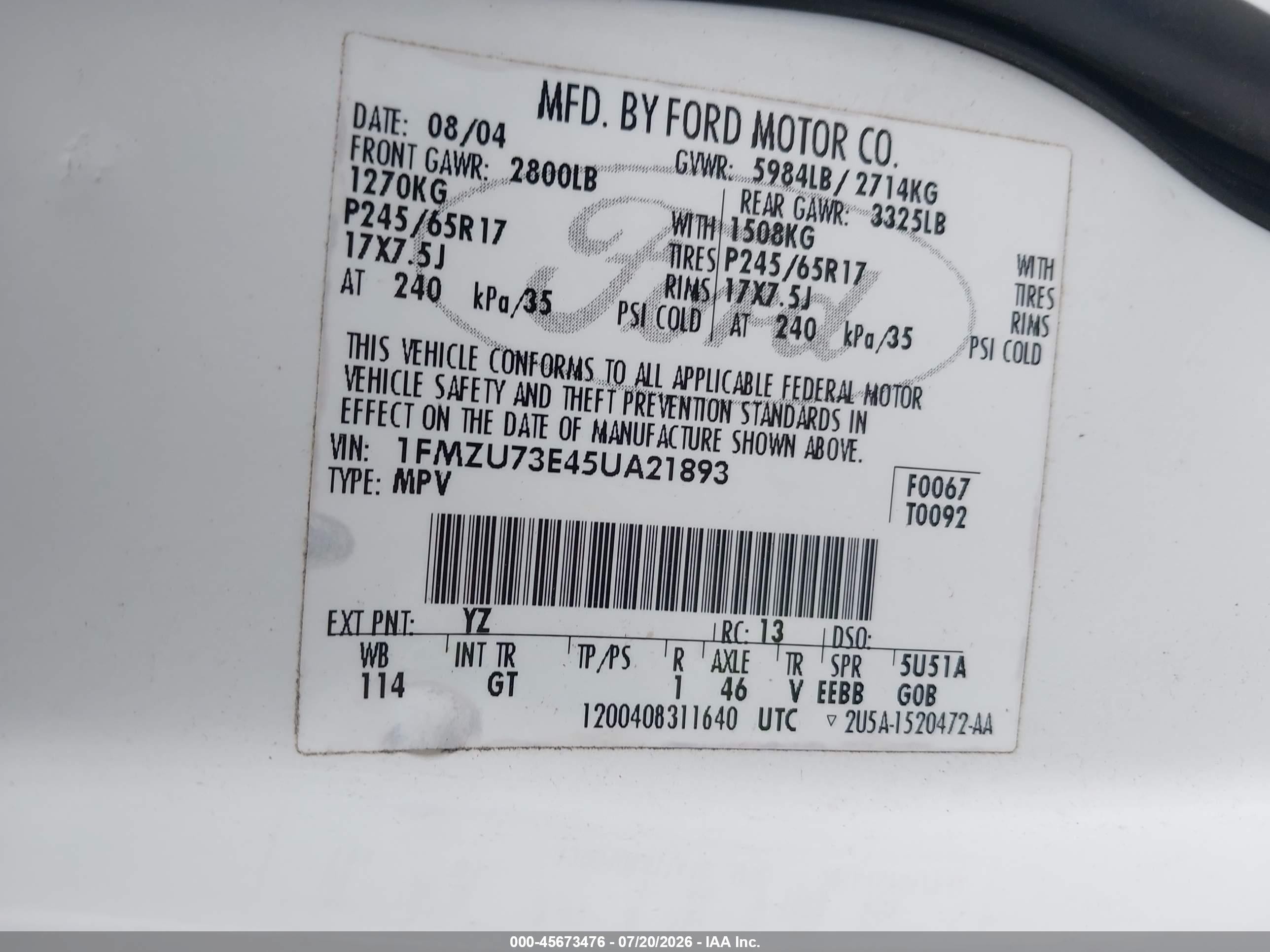 2005 Ford Explorer Xlt/xlt Sport White vin: 1FMZU73E45UA21893