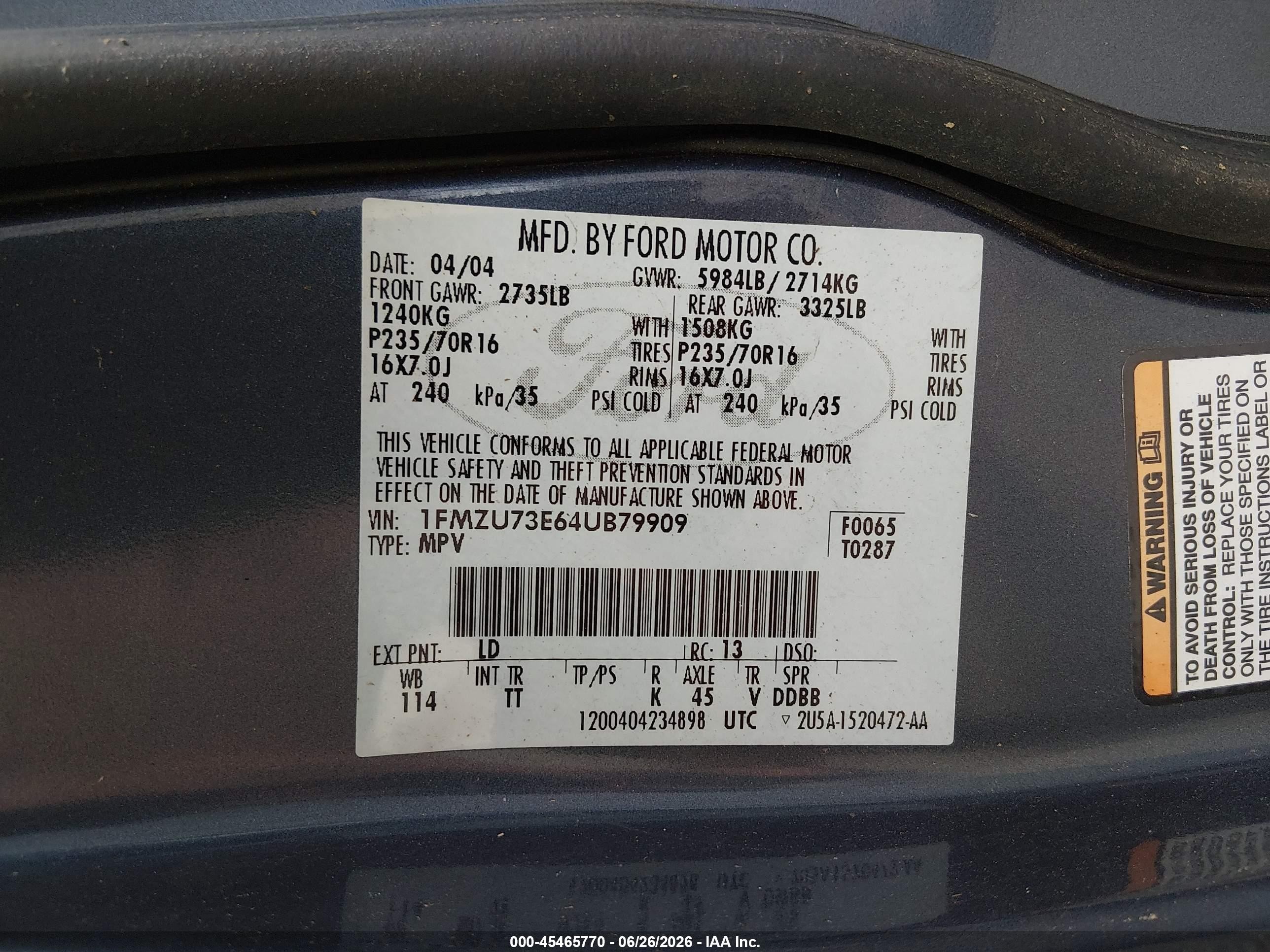 2004 Ford Explorer Nbx/xlt Blue vin: 1FMZU73E64UB79909