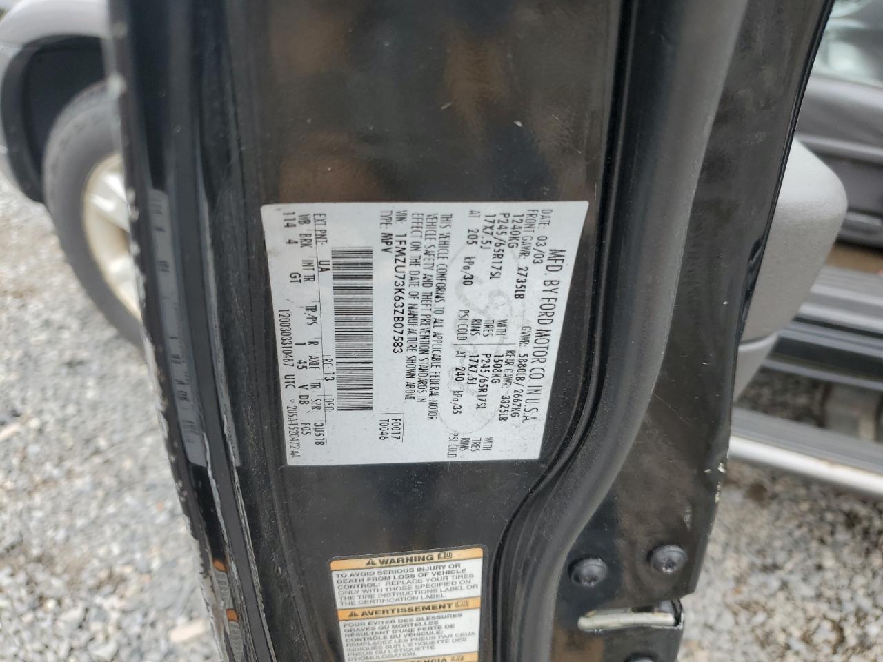 2003 Ford Explorer Black vin: 1FMZU73K63ZB07583
