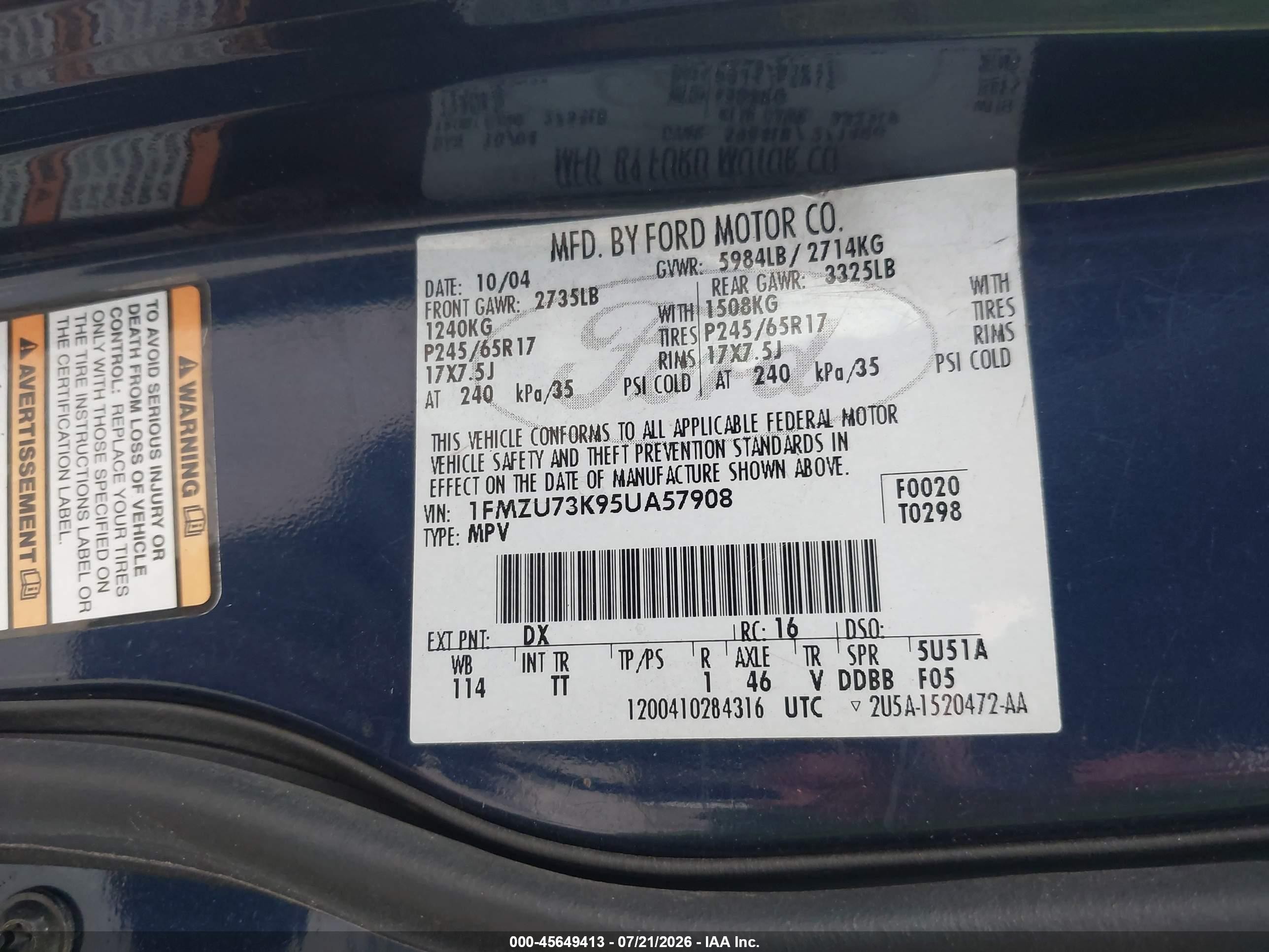 2005 Ford Explorer Xlt/xlt Sport Blue vin: 1FMZU73K95UA57908