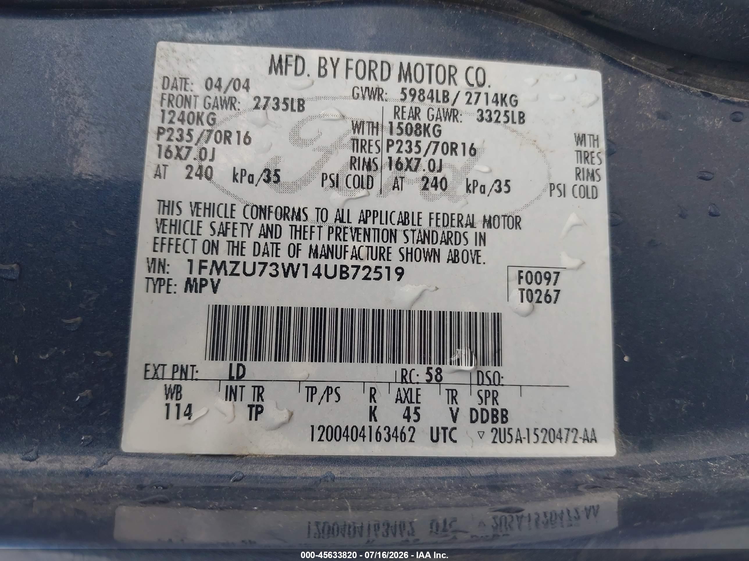 2004 Ford Explorer Nbx/xlt Blue vin: 1FMZU73W14UB72519