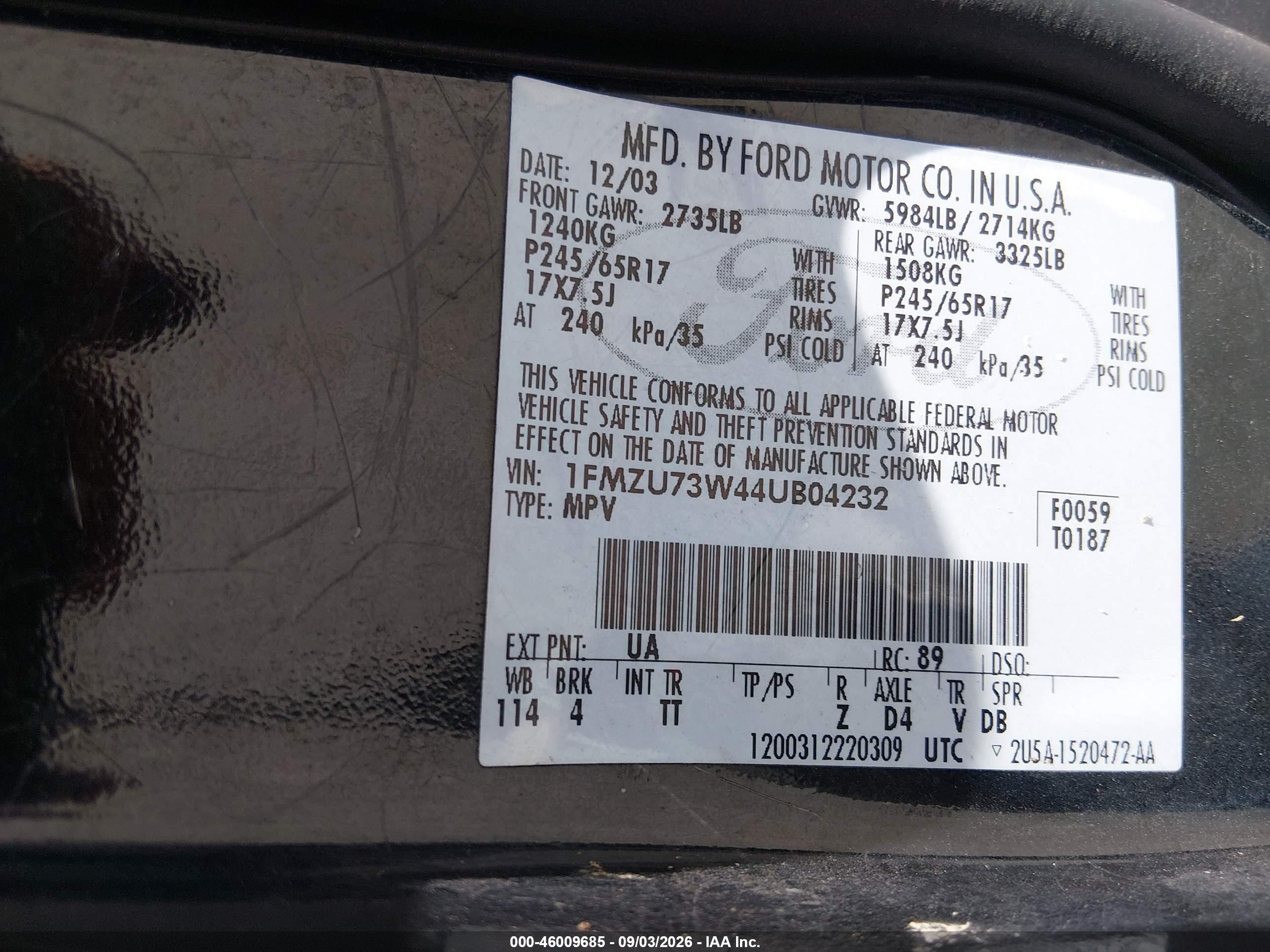 2004 Ford Explorer Nbx/xlt Black vin: 1FMZU73W44UB04232