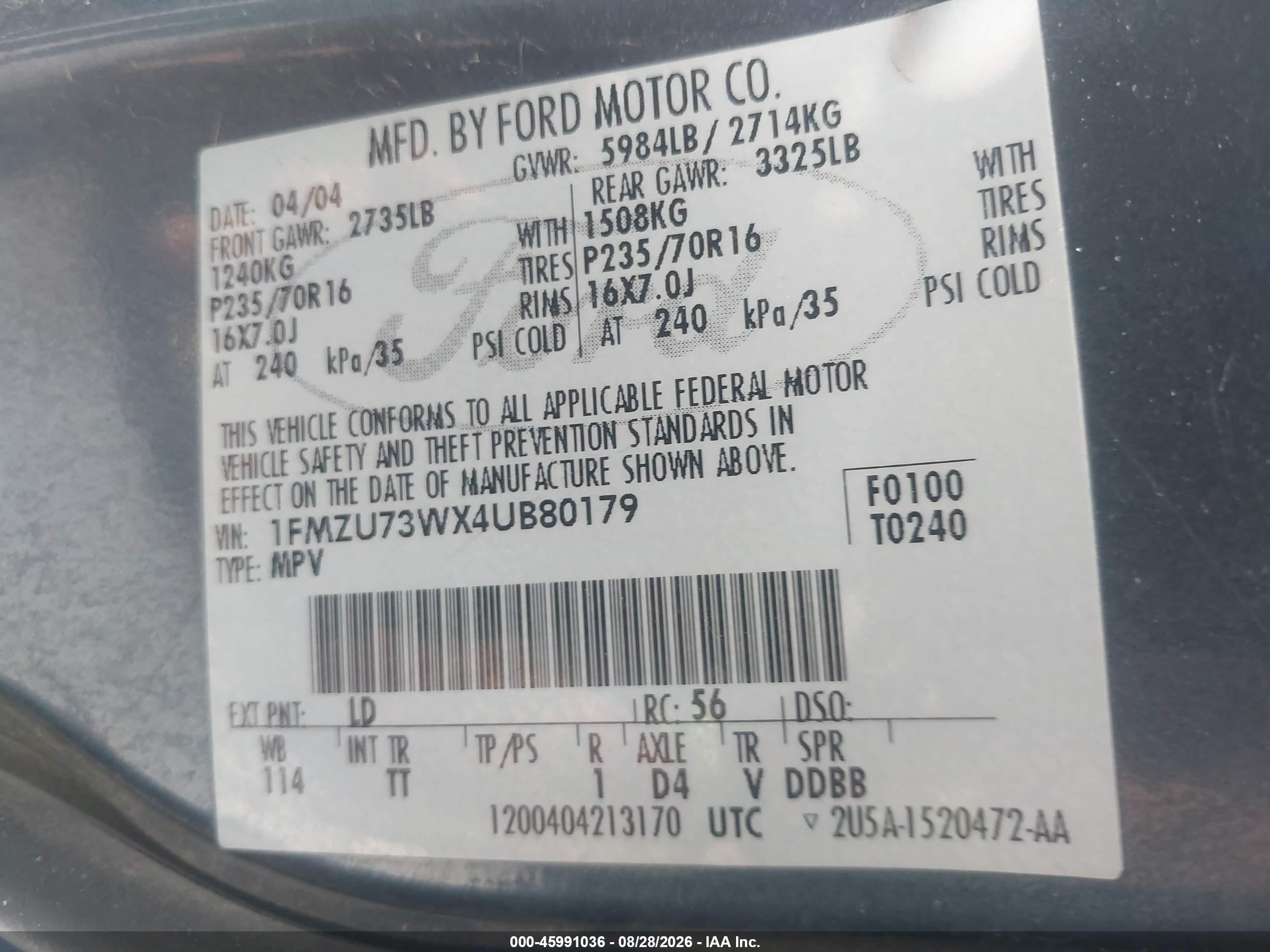 2004 Ford Explorer Nbx/xlt Blue vin: 1FMZU73WX4UB80179
