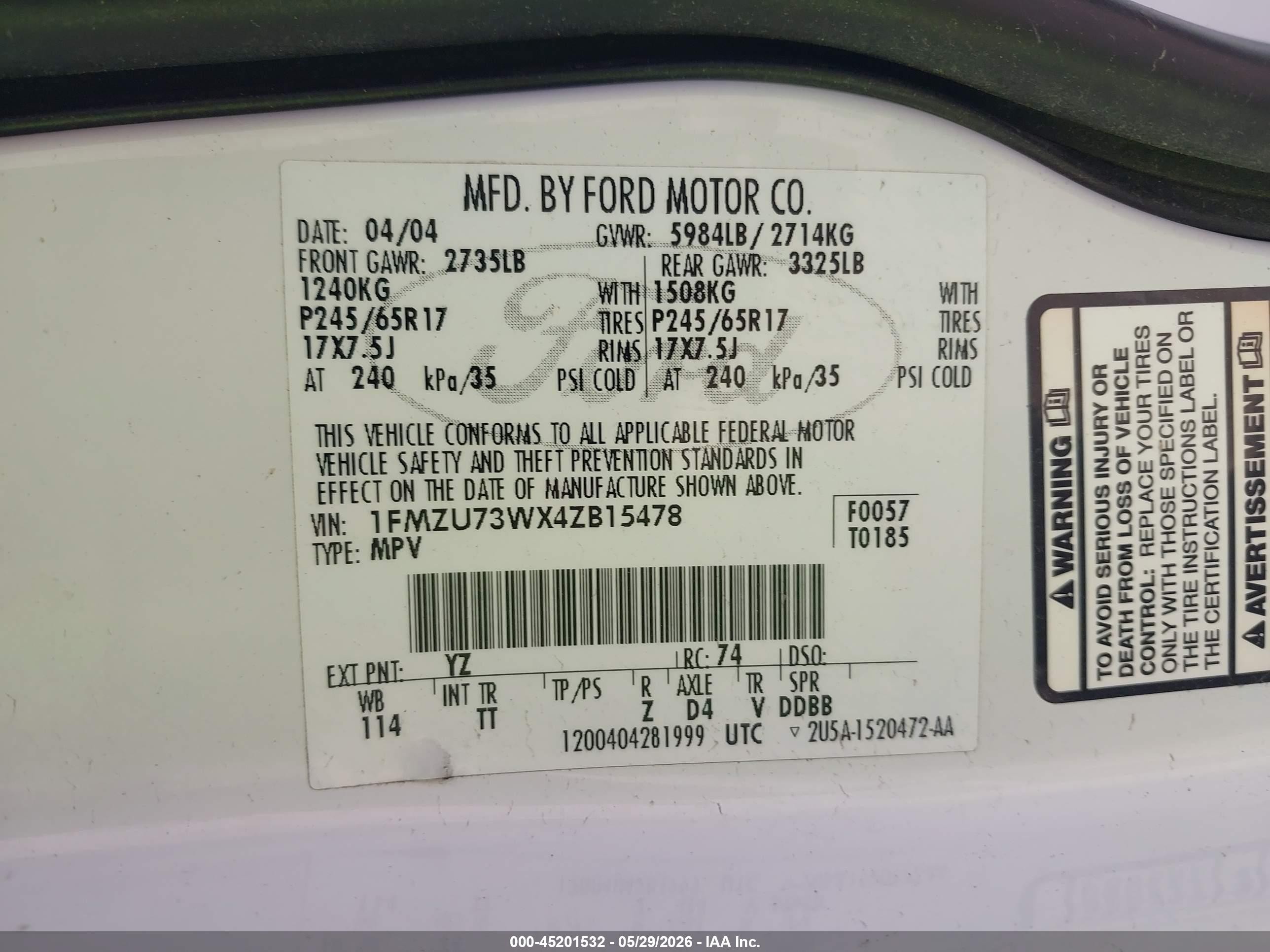 2004 Ford Explorer Nbx/xlt White vin: 1FMZU73WX4ZB15478
