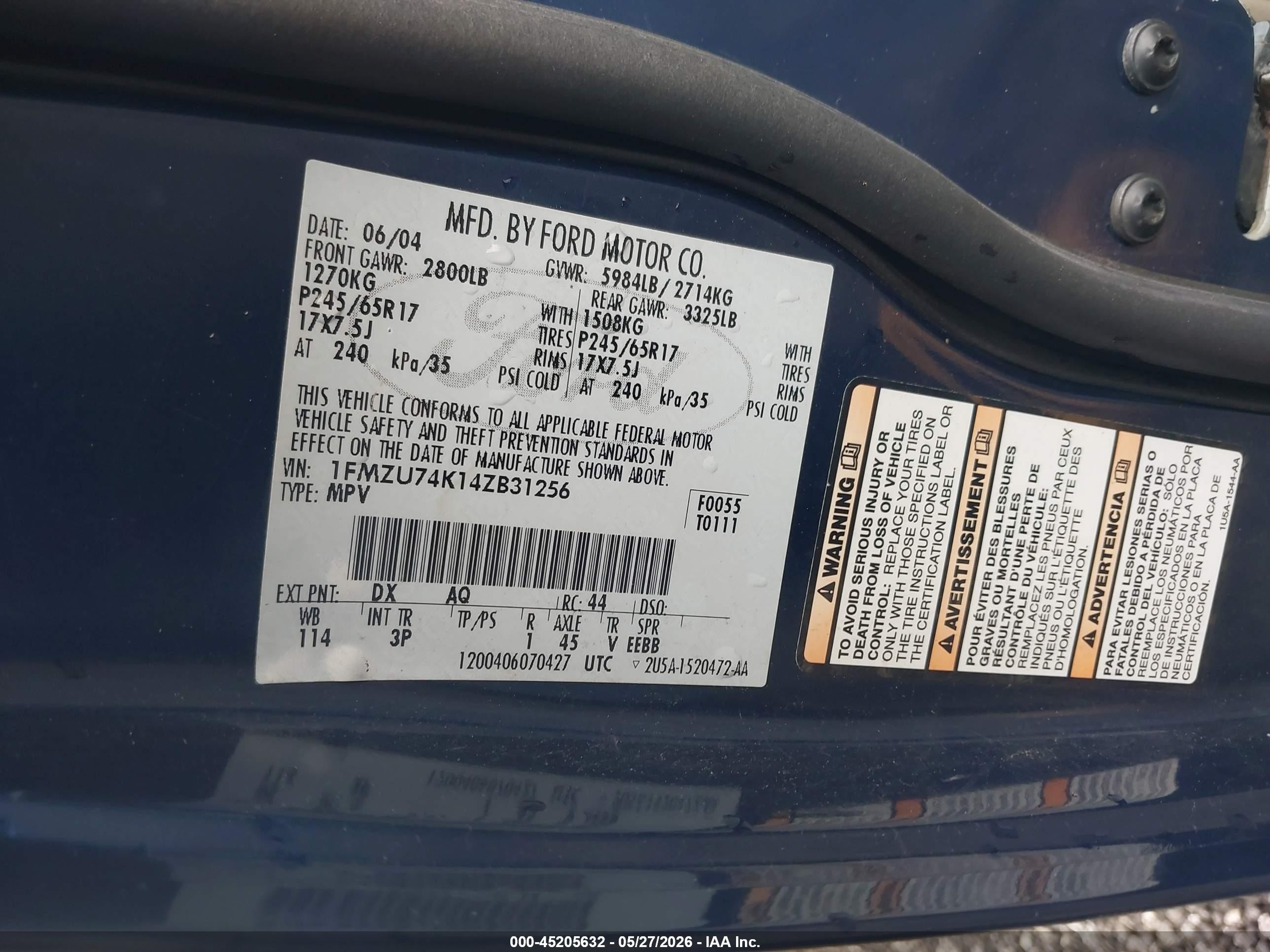2004 Ford Explorer Eddie Bauer Blue vin: 1FMZU74K14ZB31256